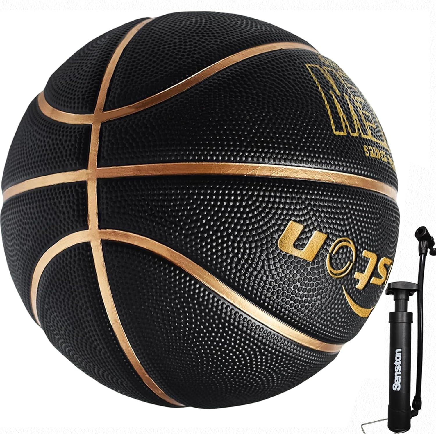 image:imageSenston 275295 Outdoor Basketball Excellent ElasticityGrip Rubber Basketballs with Pump Durable Size 57 Men BasketballBlackGold