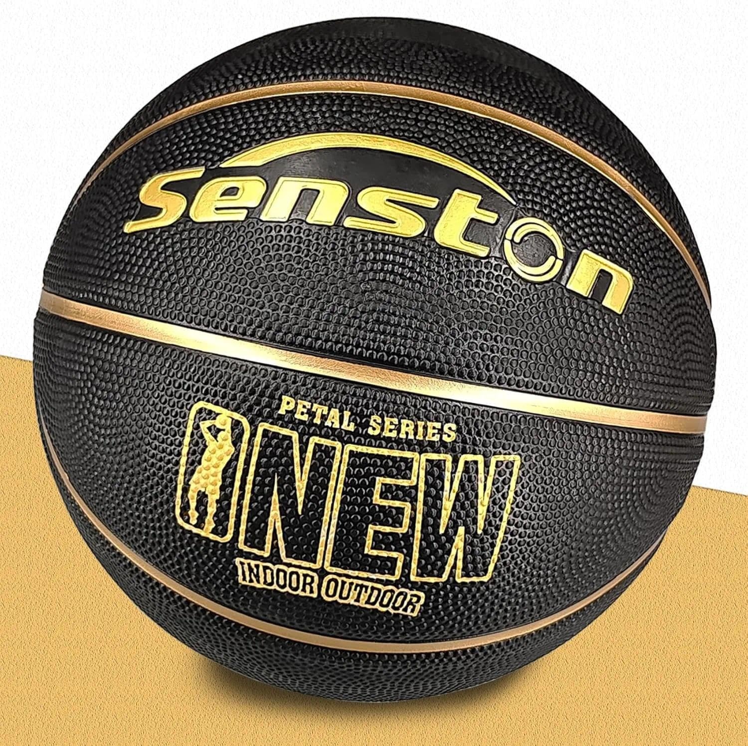 image:imageSenston 275295 Outdoor Basketball Excellent ElasticityGrip Rubber Basketballs with Pump Durable Size 57 Men BasketballBlackGold