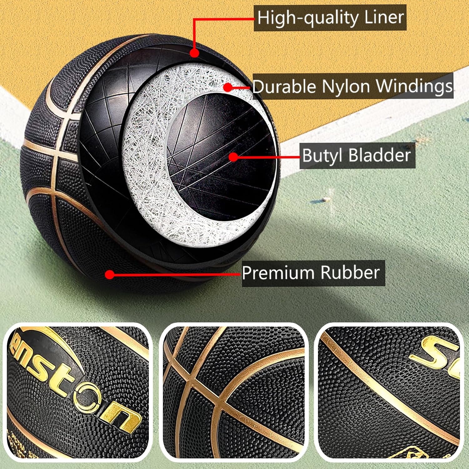 image:imageSenston 275295 Outdoor Basketball Excellent ElasticityGrip Rubber Basketballs with Pump Durable Size 57 Men BasketballBlackGold