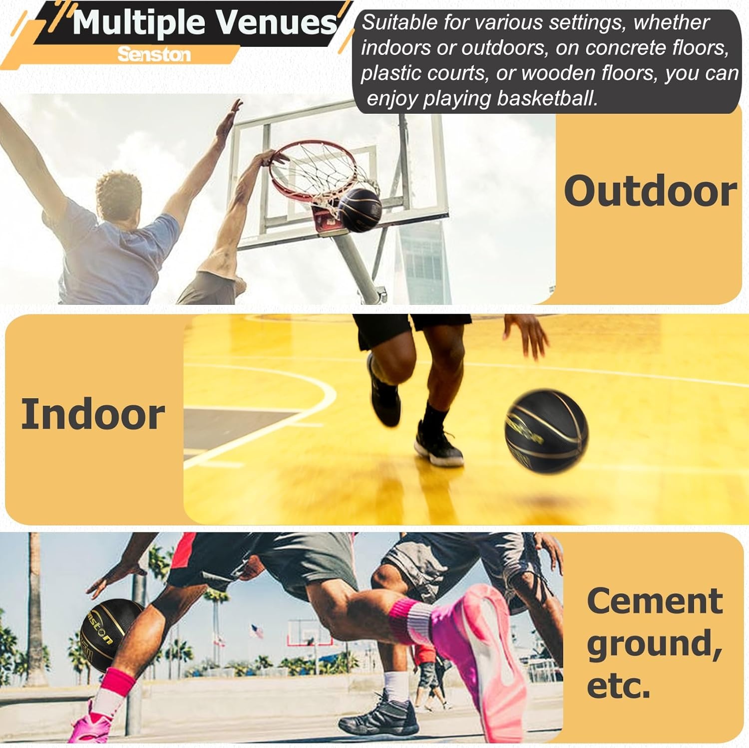 image:imageSenston 275295 Outdoor Basketball Excellent ElasticityGrip Rubber Basketballs with Pump Durable Size 57 Men BasketballBlackGold