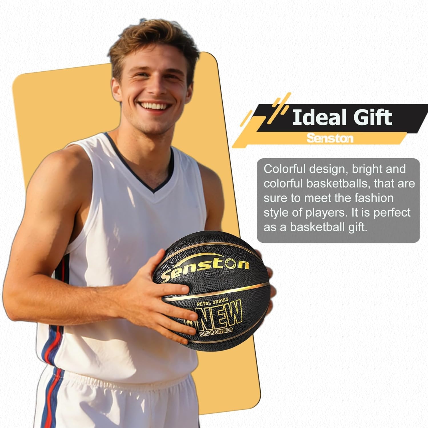 image:imageSenston 275295 Outdoor Basketball Excellent ElasticityGrip Rubber Basketballs with Pump Durable Size 57 Men BasketballBlackGold