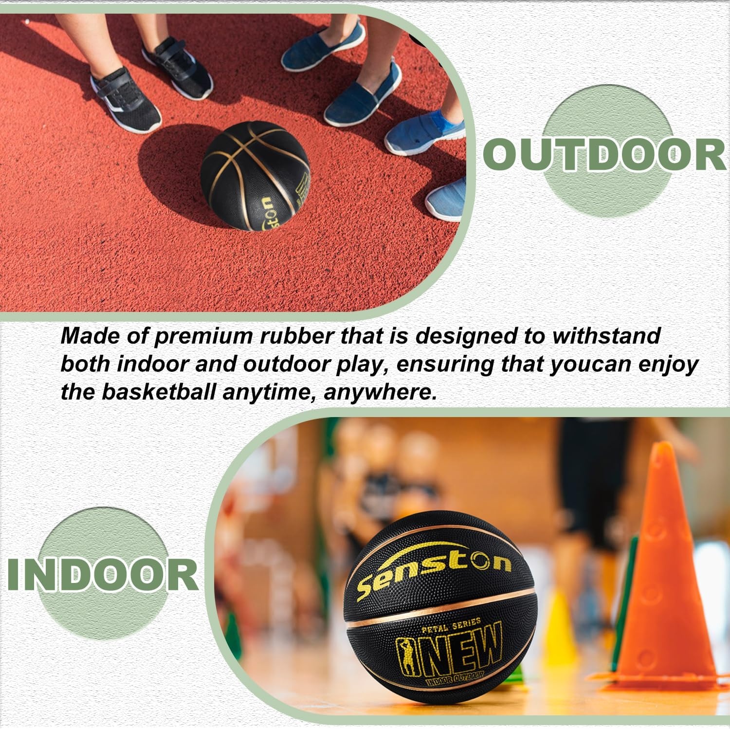 image:imageSenston 275295 Outdoor Basketball Excellent ElasticityGrip Rubber Basketballs with Pump Durable Size 57 Men BasketballBlackGold