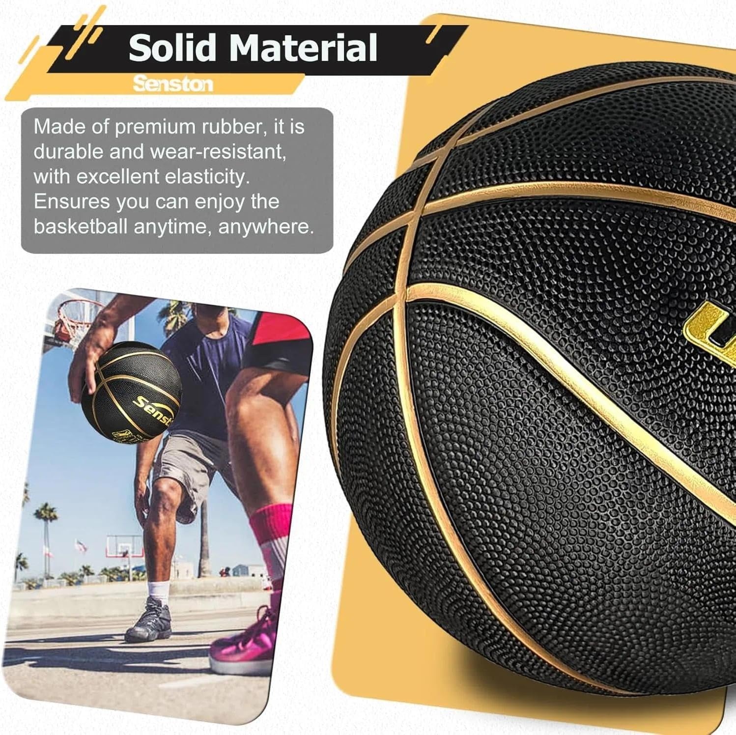 image:imageSenston 275295 Outdoor Basketball Excellent ElasticityGrip Rubber Basketballs with Pump Durable Size 57 Men BasketballBlackGold