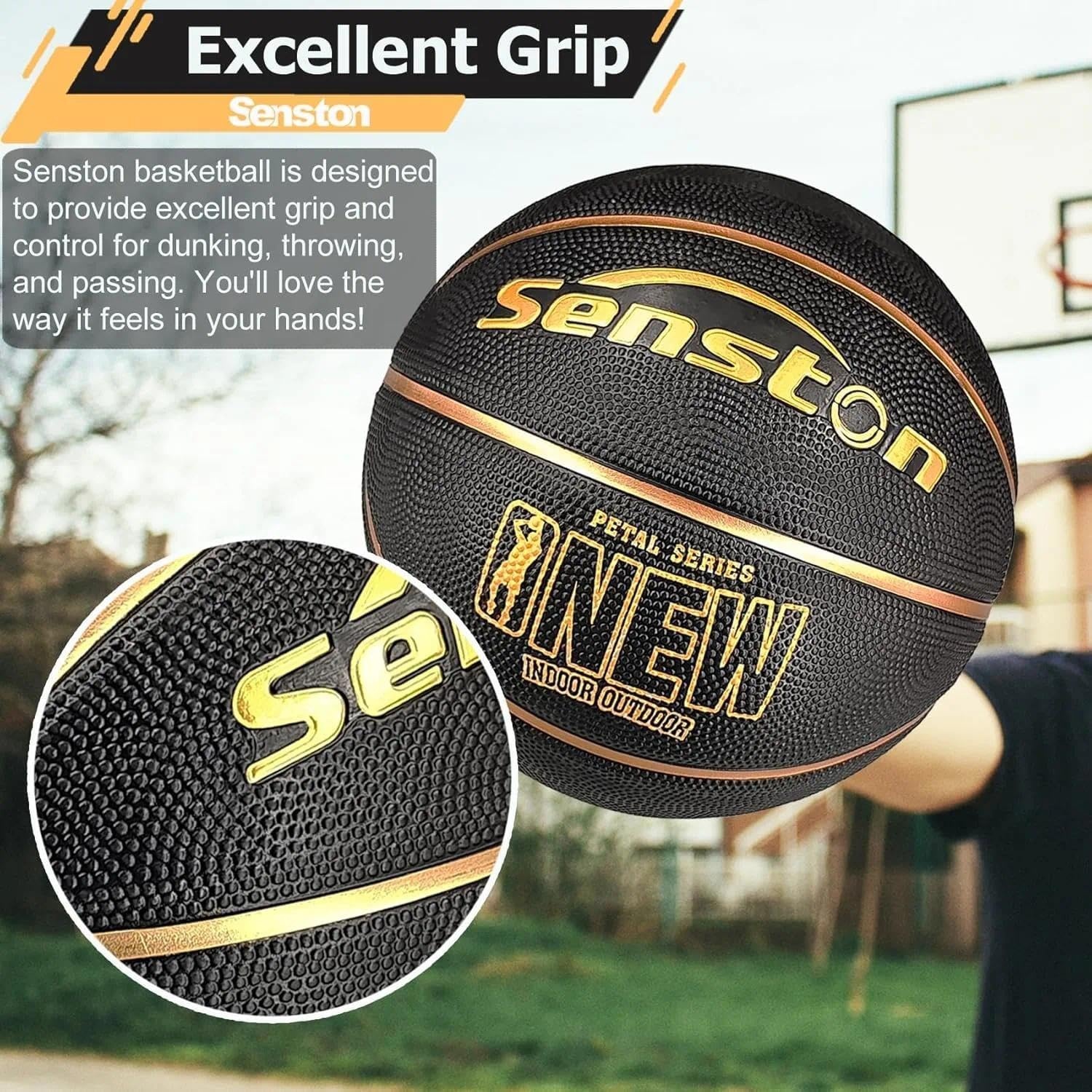 image:imageSenston 275295 Outdoor Basketball Excellent ElasticityGrip Rubber Basketballs with Pump Durable Size 57 Men BasketballBlackGold
