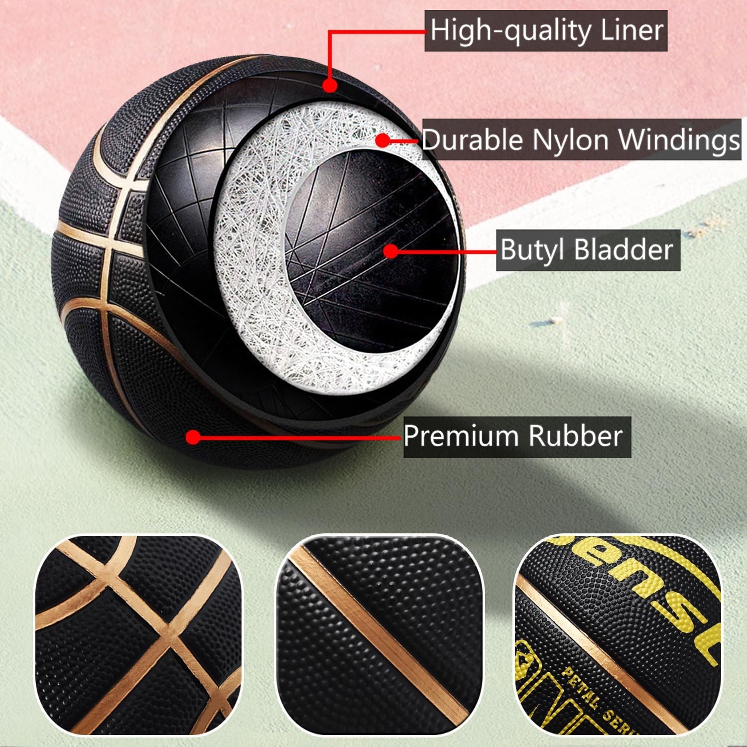 image:imageSenston 275295 Outdoor Basketball Excellent ElasticityGrip Rubber Basketballs with Pump Durable Size 57 Men BasketballBlackGold