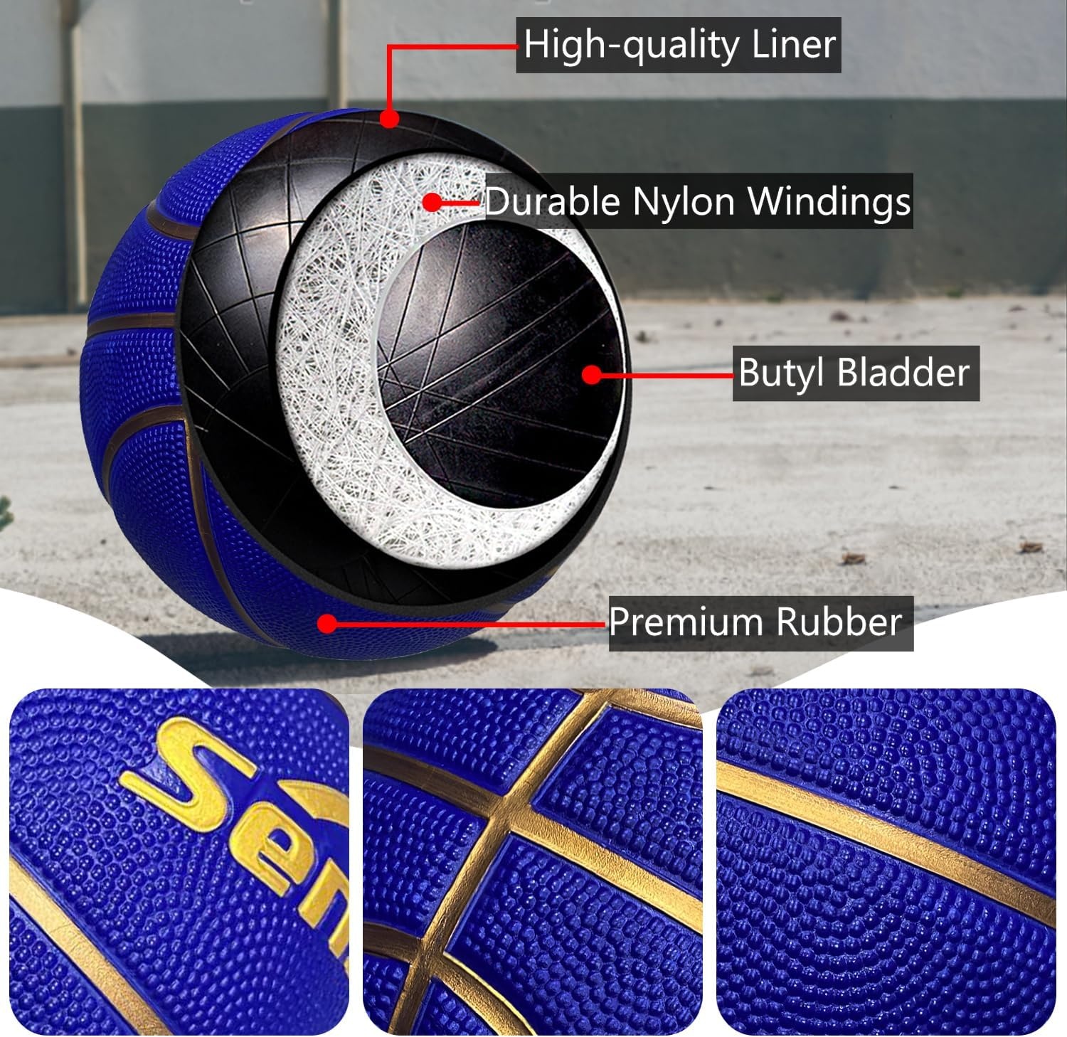 image:imageSenston 275295 Outdoor Basketball Excellent ElasticityGrip Rubber Basketballs with Pump Durable Size 57 Men BasketballBlueGold