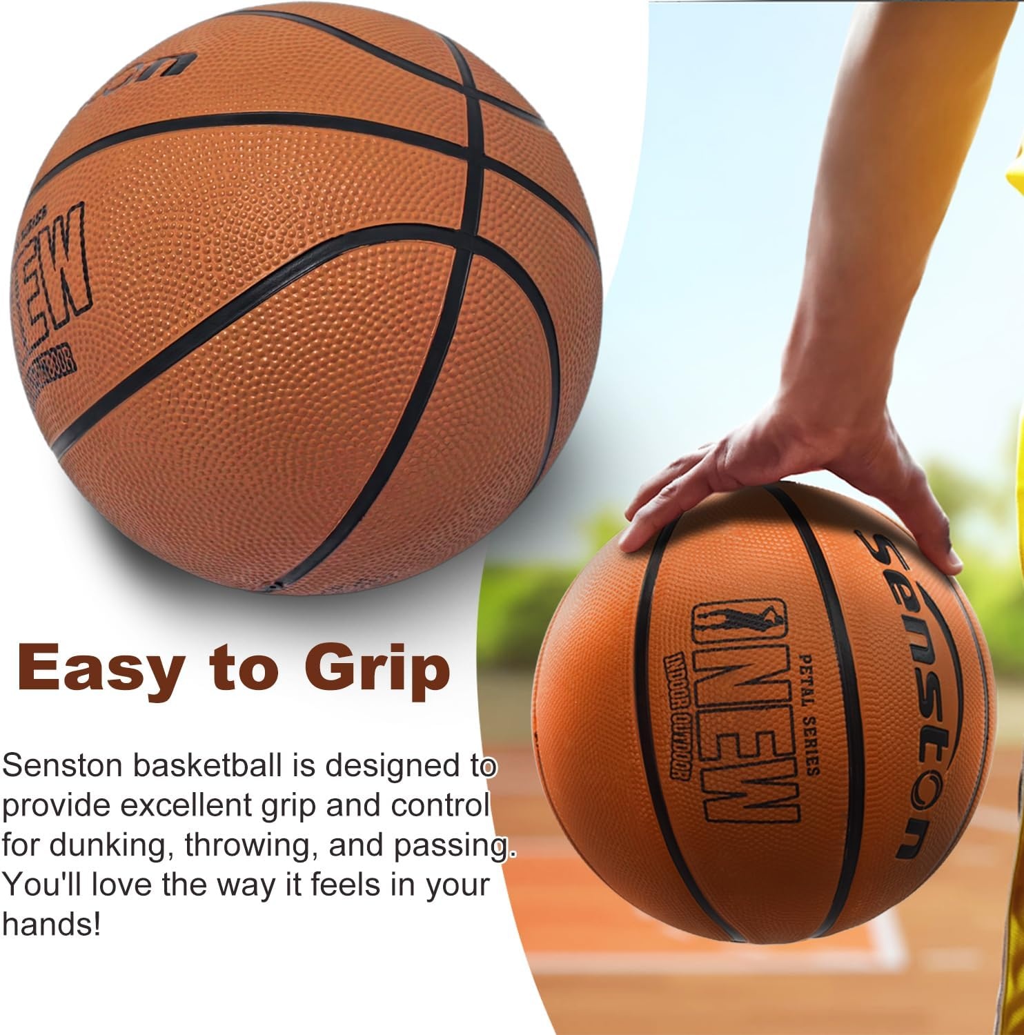 image:imageSenston 275295 Outdoor Basketball Excellent ElasticityGrip Rubber Basketballs with Pump Durable Size 57 Men BasketballBrown