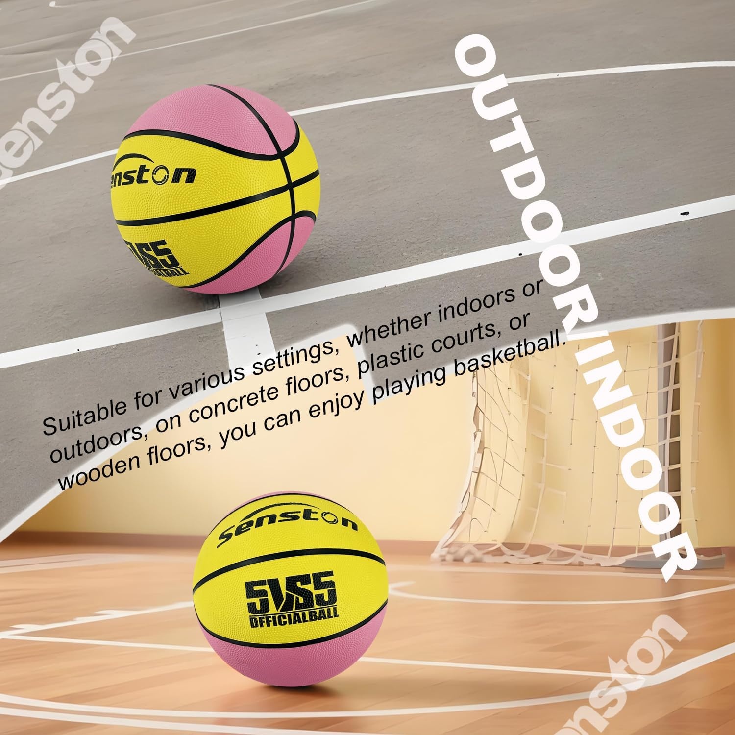 image:imageSenston 275295 Outdoor Basketball Excellent ElasticityGrip Rubber Basketballs with Pump Durable Size 57 Men BasketballPinkYellow