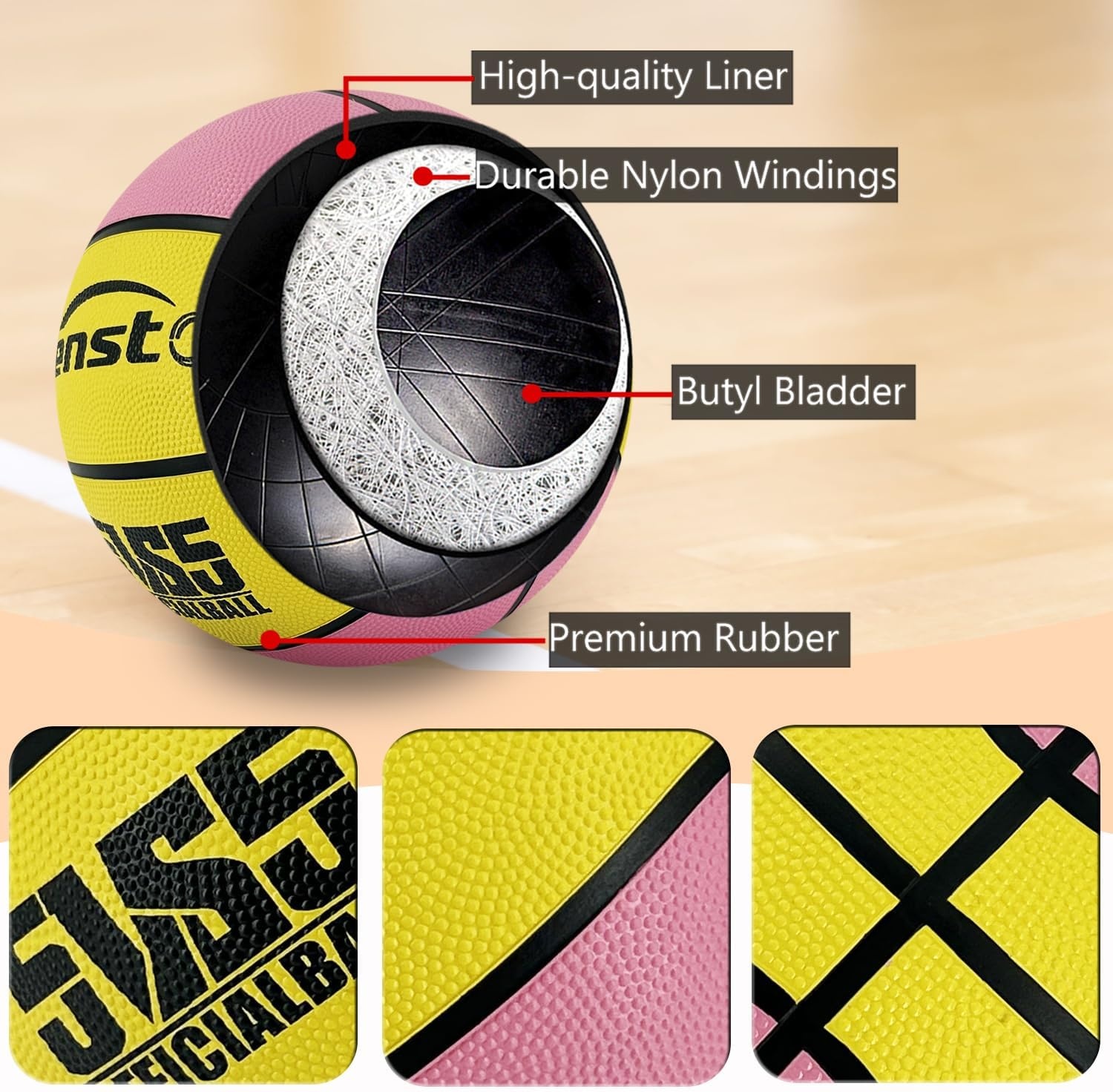 image:imageSenston 275295 Outdoor Basketball Excellent ElasticityGrip Rubber Basketballs with Pump Durable Size 57 Men BasketballPinkYellow
