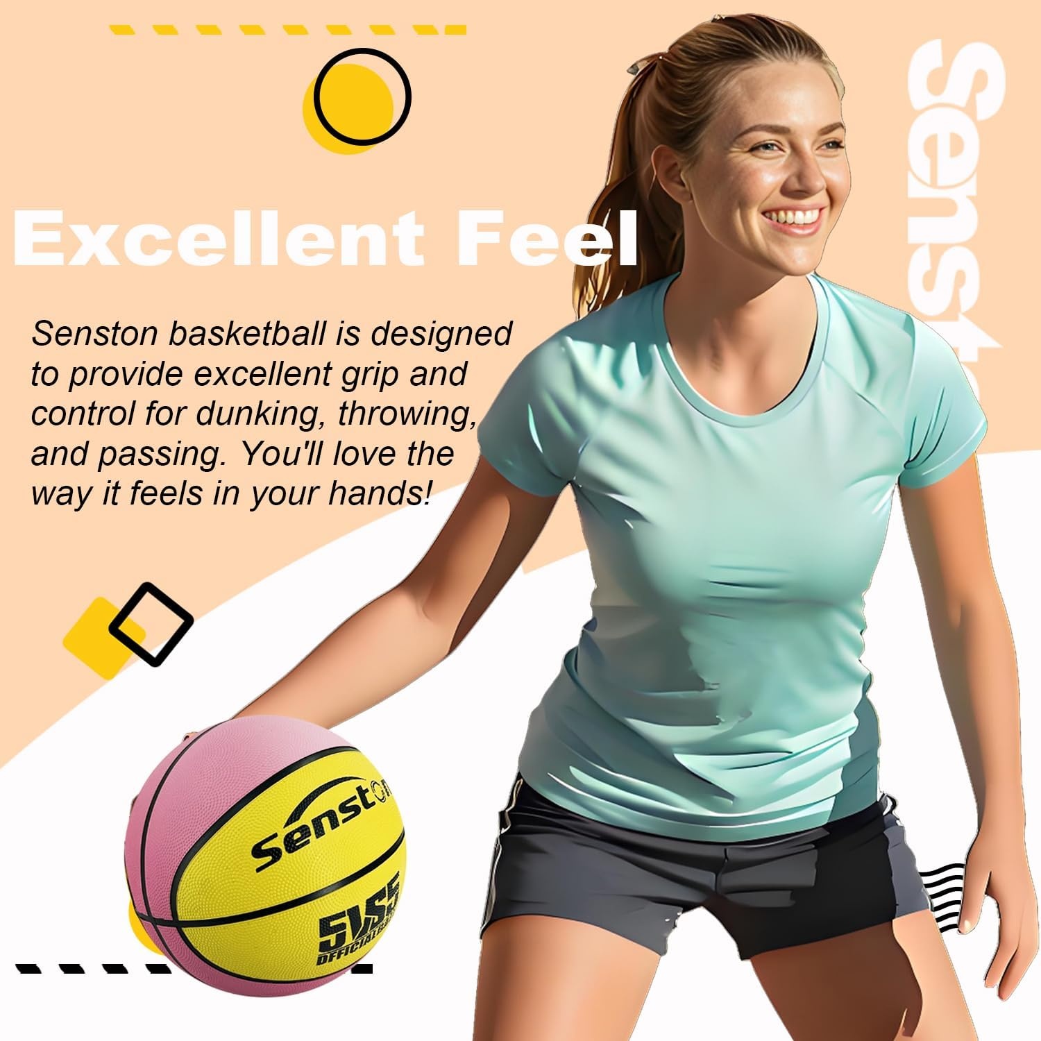 image:imageSenston 275295 Outdoor Basketball Excellent ElasticityGrip Rubber Basketballs with Pump Durable Size 57 Men BasketballPinkYellow