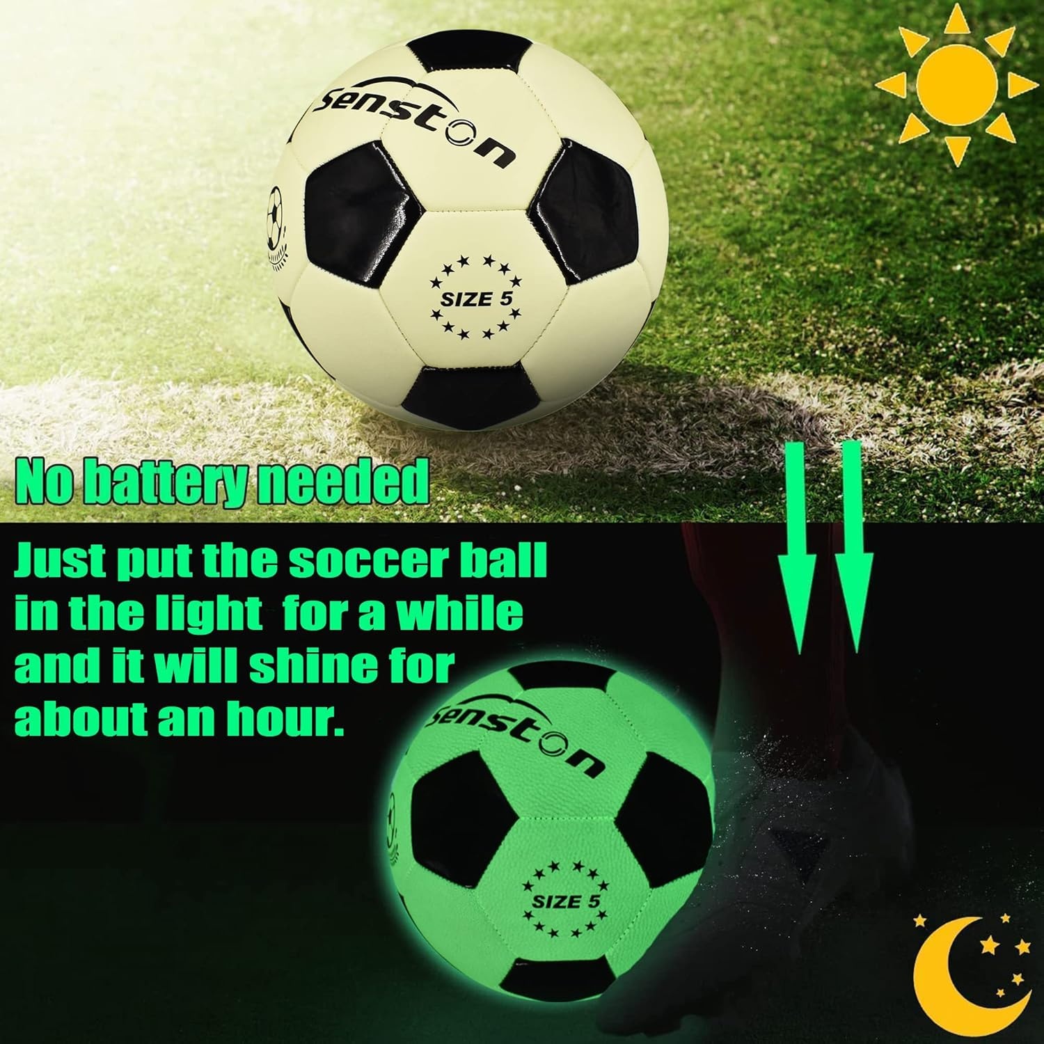 image:imageSenston Glow in the Dark Soccer Ball Size 5 Glowing PU Soccer with Pump No Batteries RequiredLightAbsorbing Luminous MaterialEcofriendly amp DurablePerfect PresentIndoor amp Outdoor Use