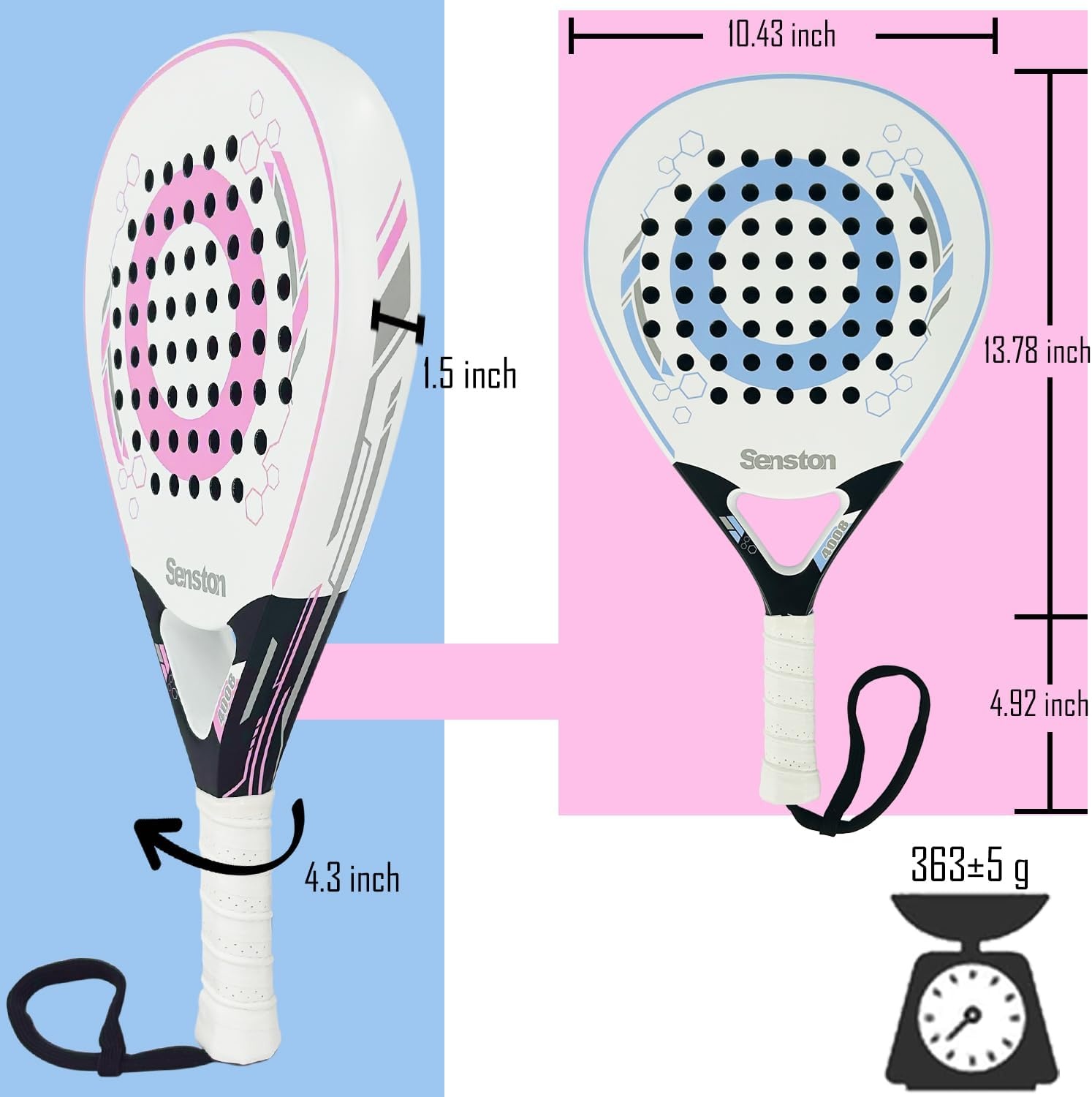image:imageSenston Paddle Tennis Racket CarbonFiber Surface with EVA Memory FlexFoam Core Padel Racket with Carry Bag and Balls for Pop Tennis Beach Tennis