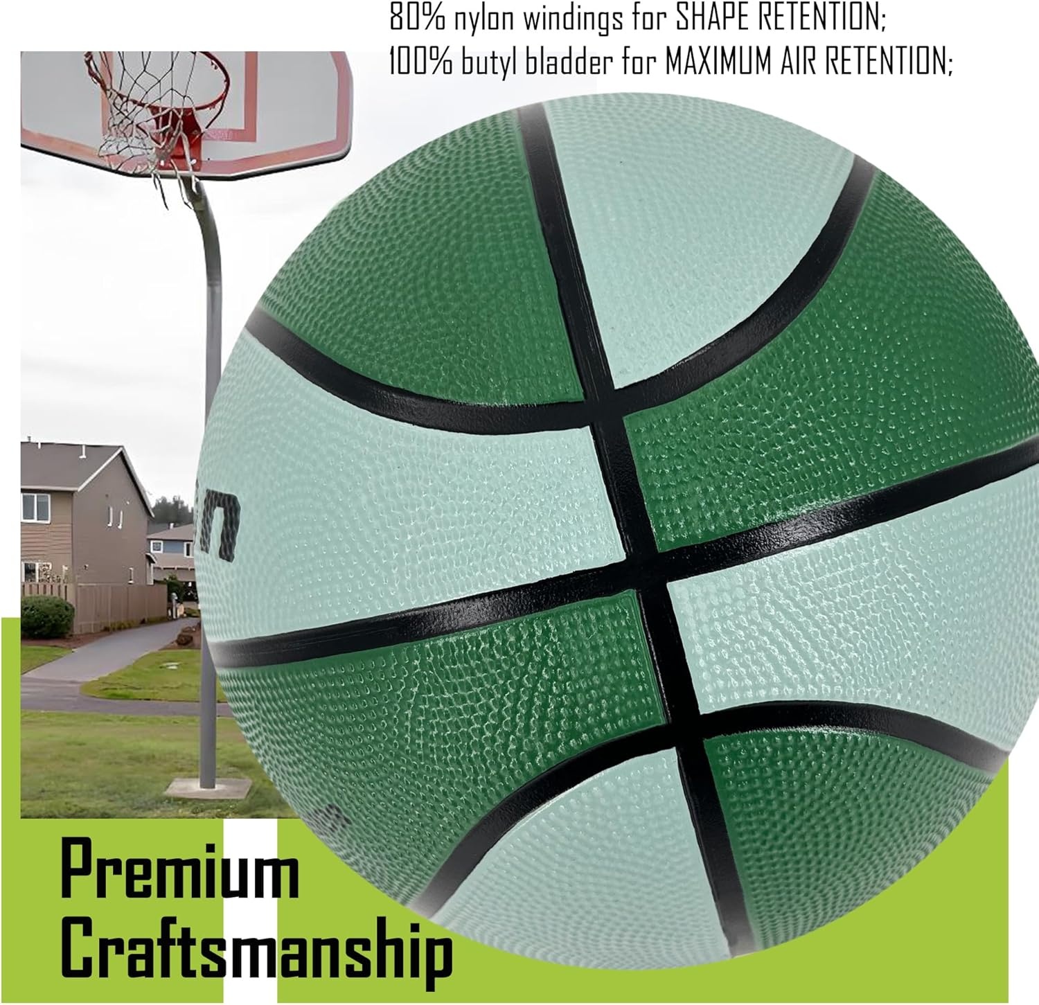 image:imageSenston Size 567 Outdoor Basketball Premium Grip with Pump for Men Women Excellent bounce elasticity Great value for daily play Built for concrete courts Easy inflation Ideal gift for playersGreen