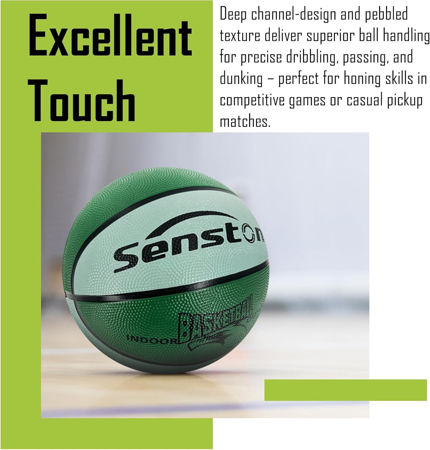 image:imageSenston Size 567 Outdoor Basketball Premium Grip with Pump for Men Women Excellent bounce elasticity Great value for daily play Built for concrete courts Easy inflation Ideal gift for playersGreen