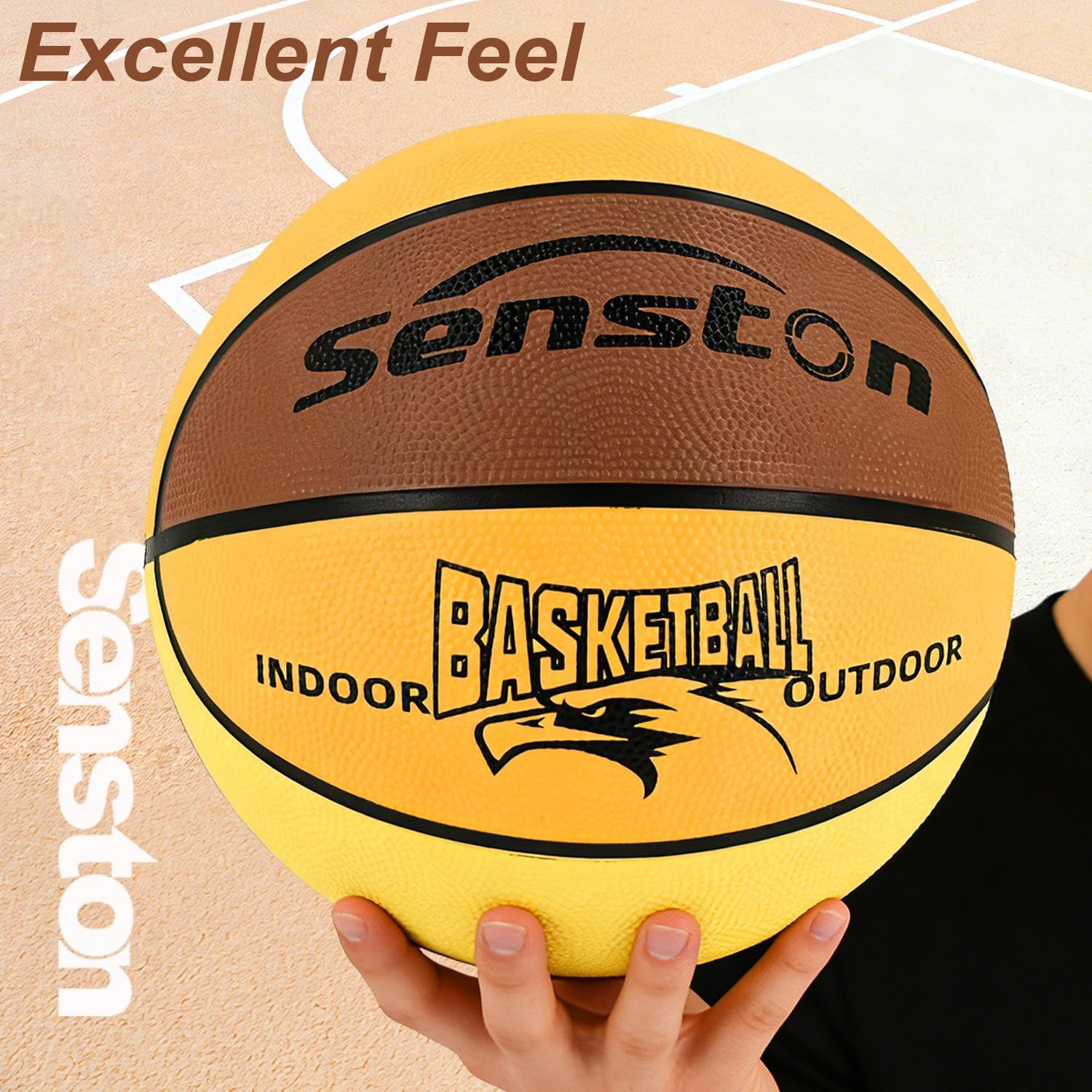 image:imageSenston Size 567 Outdoor Basketball Premium Grip with Pump for Men Women Excellent bounce elasticity Great value for daily play Built for concrete courts Easy inflation Ideal gift for playersBrownYellow