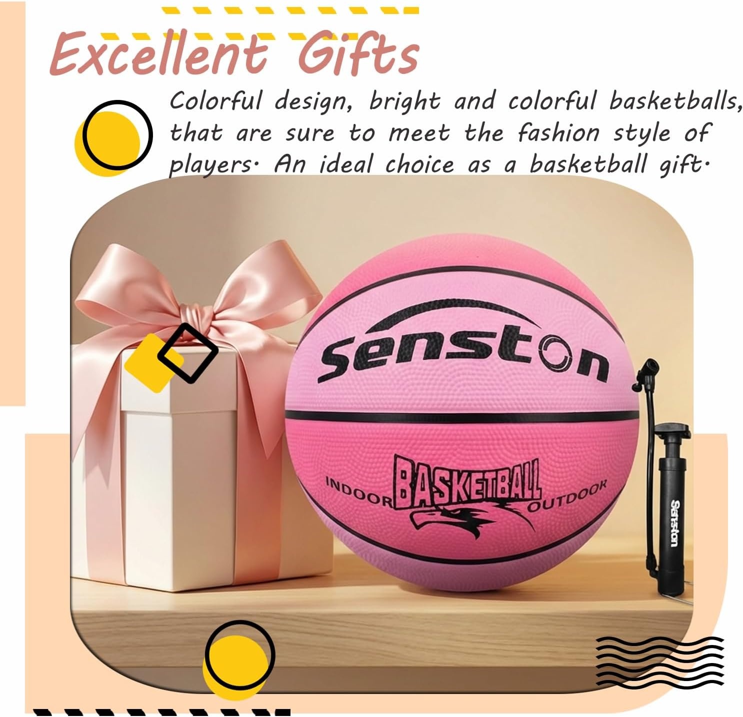 image:imageSenston Size 567 Outdoor Basketball Premium Grip with Pump for Men Women Excellent bounce elasticity Great value for daily play Built for concrete courts Easy inflation Ideal gift for playersPink