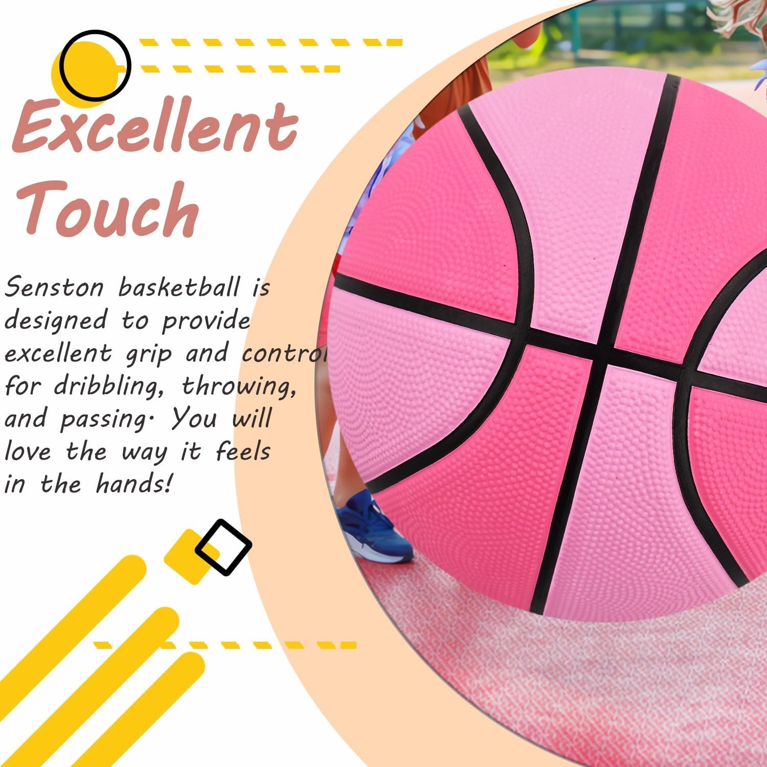 image:imageSenston Size 567 Outdoor Basketball Premium Grip with Pump for Men Women Excellent bounce elasticity Great value for daily play Built for concrete courts Easy inflation Ideal gift for playersPink