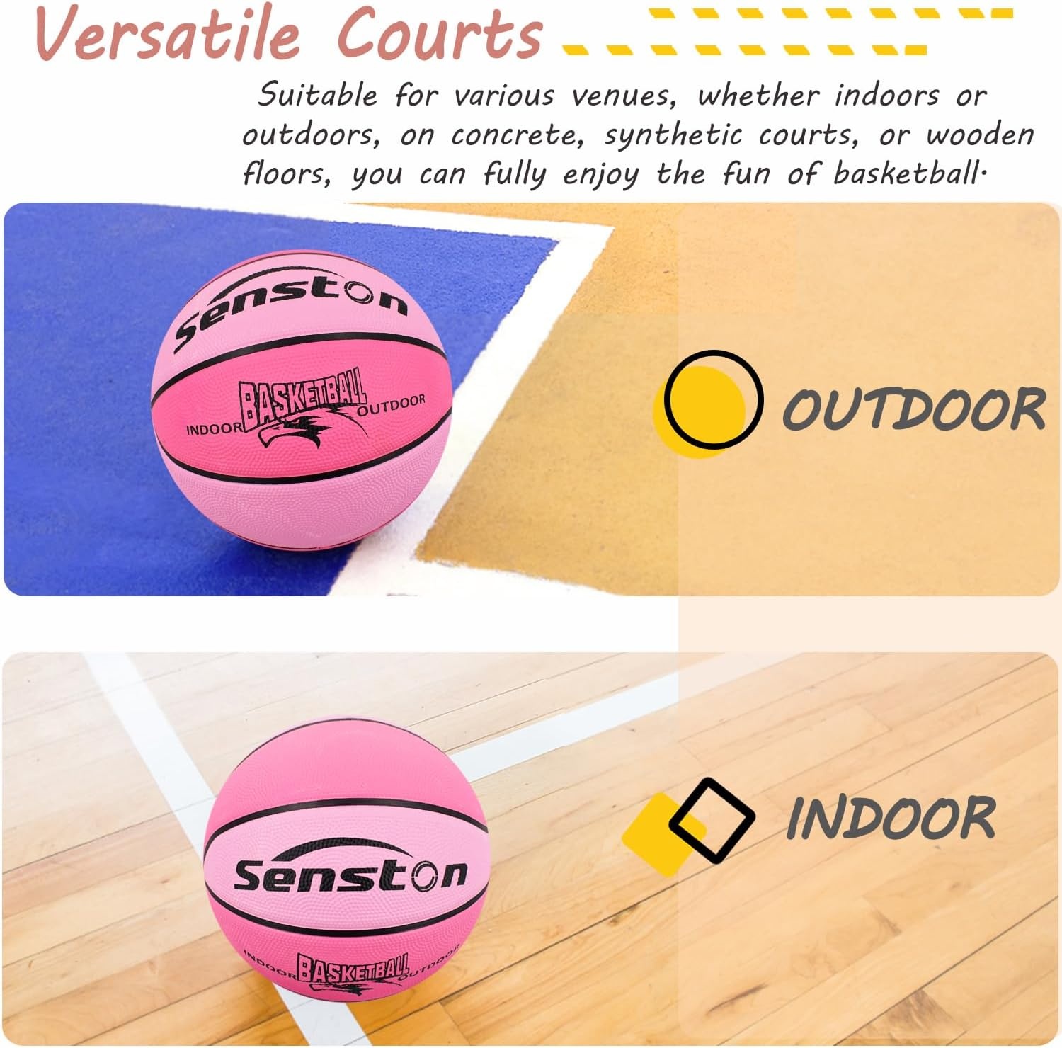 image:imageSenston Size 567 Outdoor Basketball Premium Grip with Pump for Men Women Excellent bounce elasticity Great value for daily play Built for concrete courts Easy inflation Ideal gift for playersPink