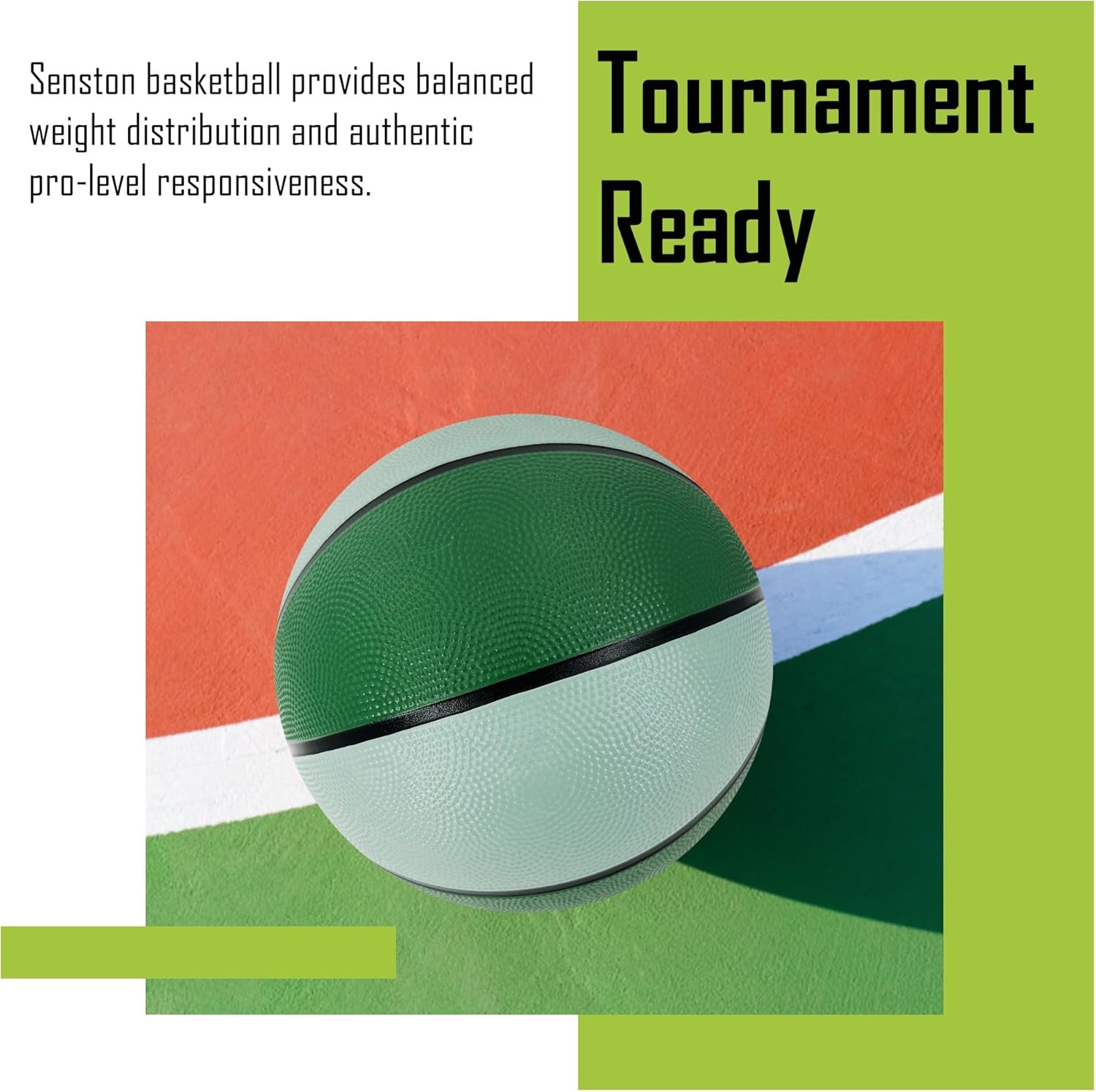 image:imageSenston Size 567 Outdoor Basketball Premium Grip with Pump for Men Women Excellent bounce elasticity Great value for daily play Built for concrete courts Easy inflation Ideal gift for playersGreen