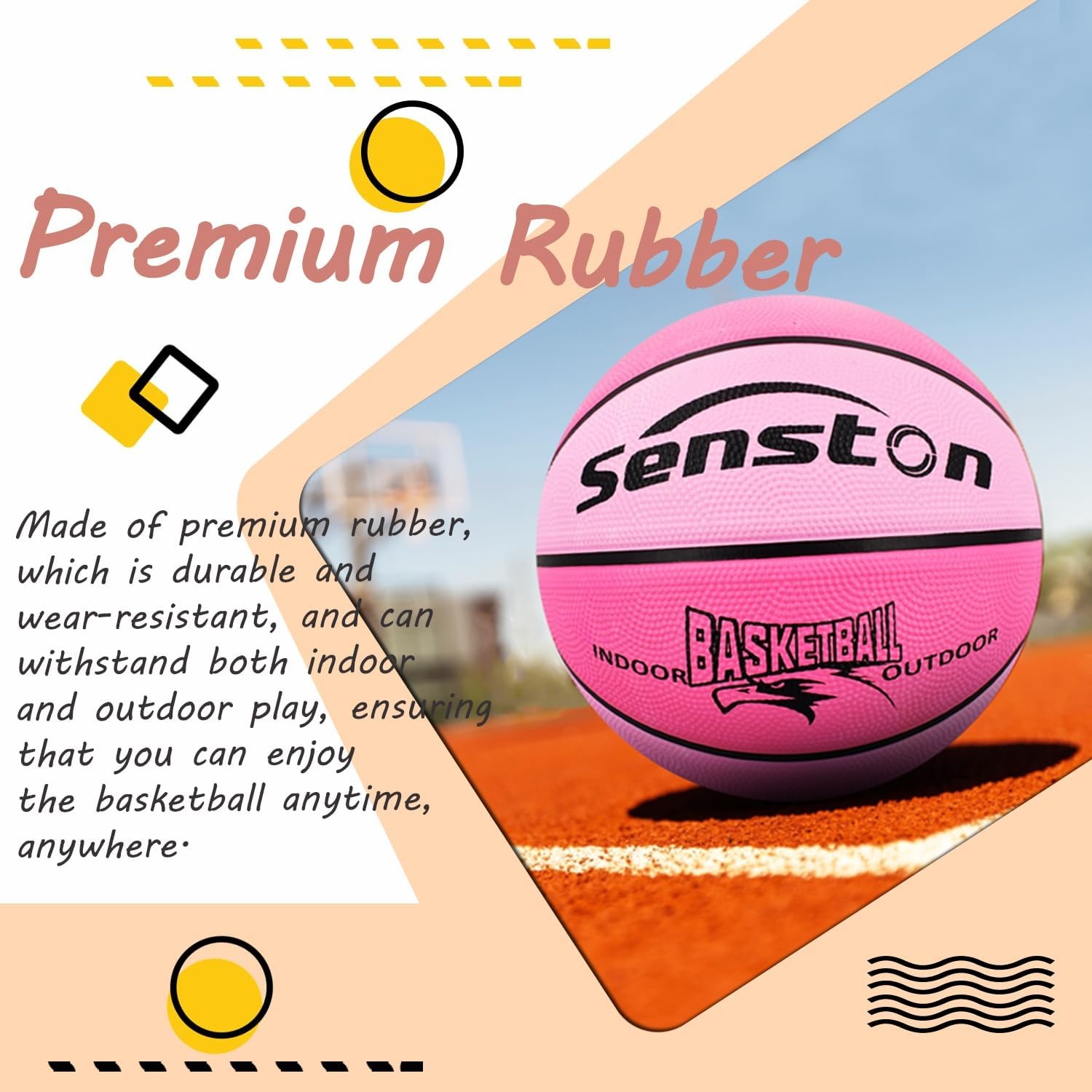 image:imageSenston Size 567 Outdoor Basketball Premium Grip with Pump for Men Women Excellent bounce elasticity Great value for daily play Built for concrete courts Easy inflation Ideal gift for playersPink
