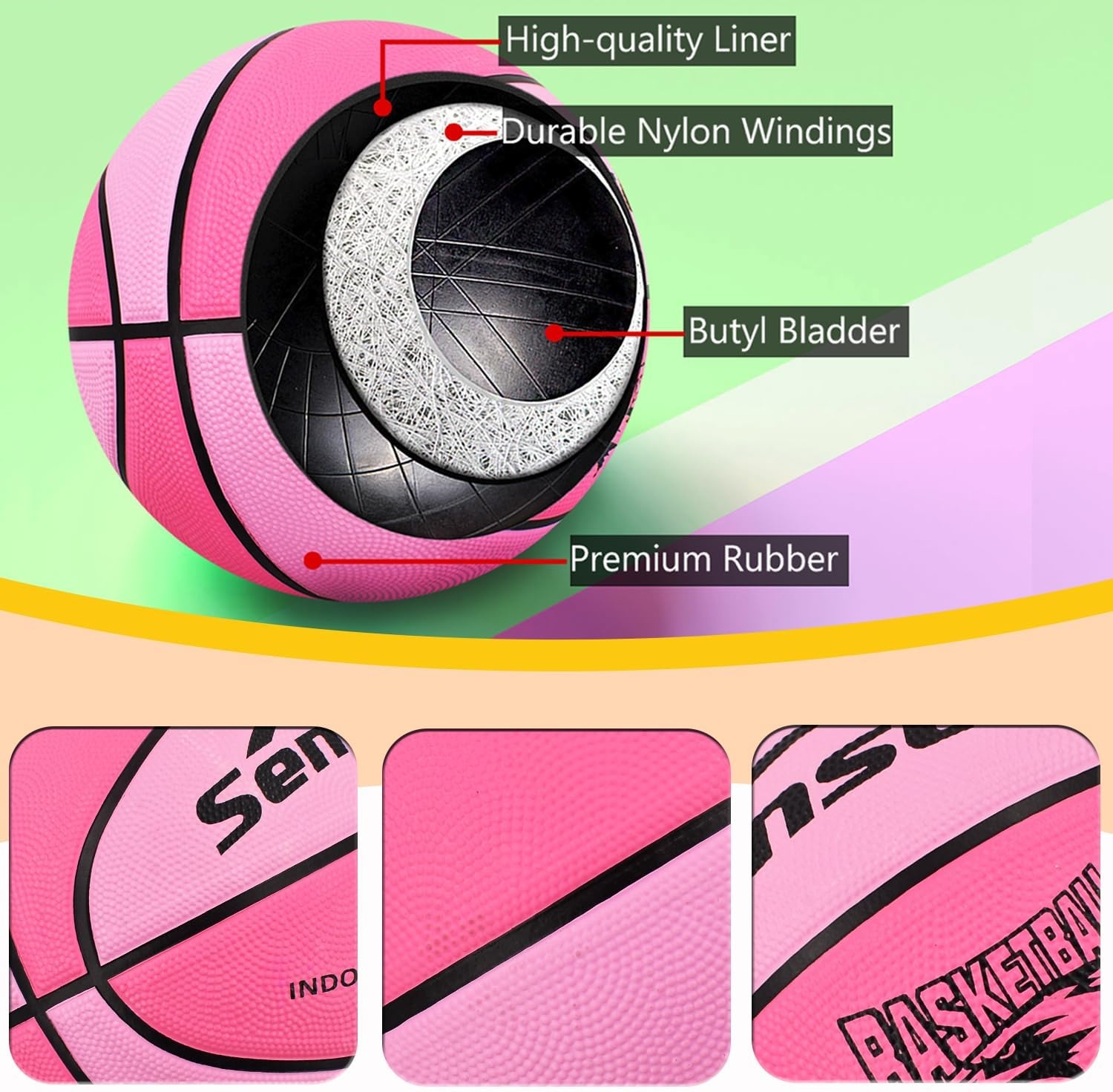 image:imageSenston Size 567 Outdoor Basketball Premium Grip with Pump for Men Women Excellent bounce elasticity Great value for daily play Built for concrete courts Easy inflation Ideal gift for playersPink