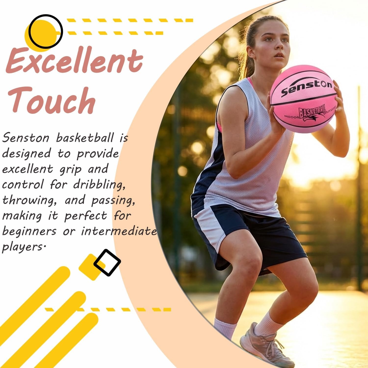 image:imageSenston Size 567 Outdoor Basketball Premium Grip with Pump for Men Women Excellent bounce elasticity Great value for daily play Built for concrete courts Easy inflation Ideal gift for playersPink