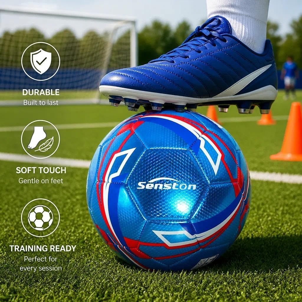 image:imageSenston Soccer Ball Size 3 4 5 with Pump for Kids and Adults Hardwearing Durable PVC AllWeather Faderesistant Antideform Good Air Retention Easy Clean Training Matchblue