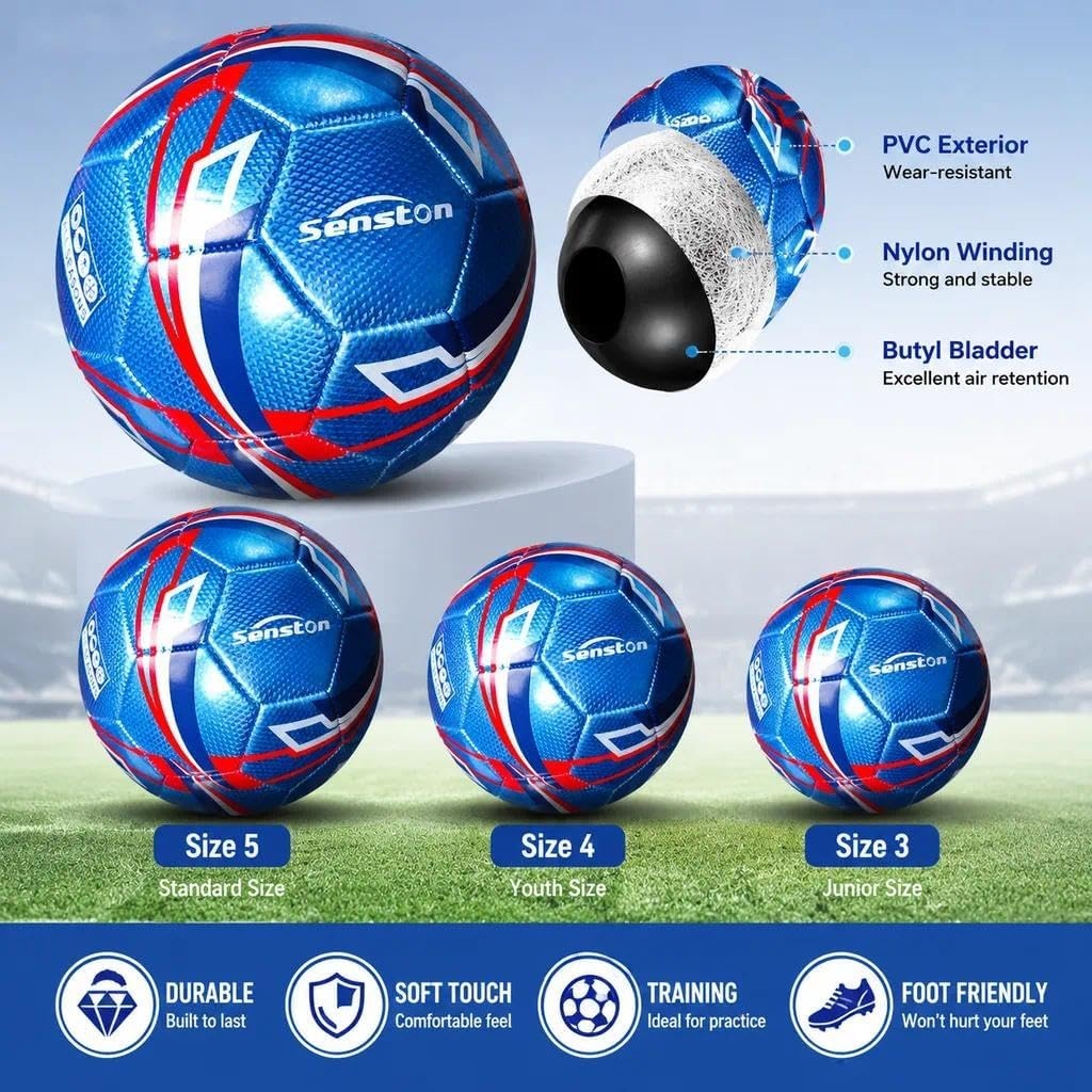 image:imageSenston Soccer Ball Size 3 4 5 with Pump for Kids and Adults Hardwearing Durable PVC AllWeather Faderesistant Antideform Good Air Retention Easy Clean Training Matchblue