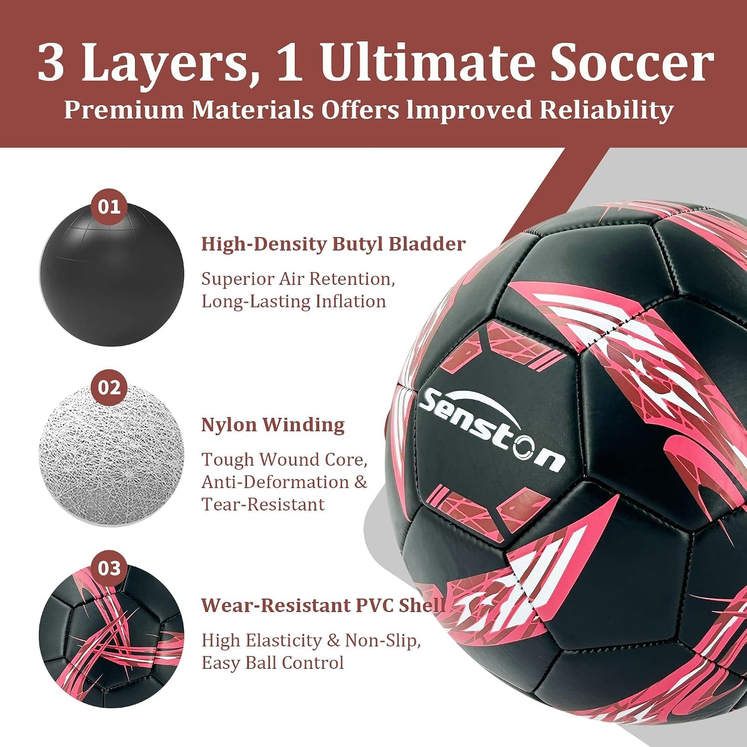 image:imageSenston Soccer Ball Size 4 amp 5 with Air Pump and Needles Durable PVC Training Football with Thickened Nylon Winding and Butyl Bladder for Shape Retention High Value Soccer Setred