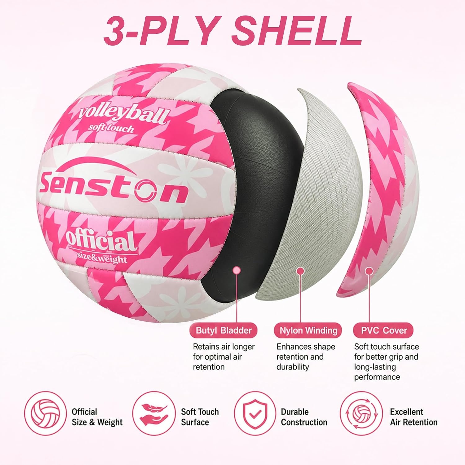 image:imageSenston Volleyball Official Size 5 Waterproof IndoorOutdoor Soft Volleyball for Youth Adults Beach Play Game Gym TrainingHot Pink