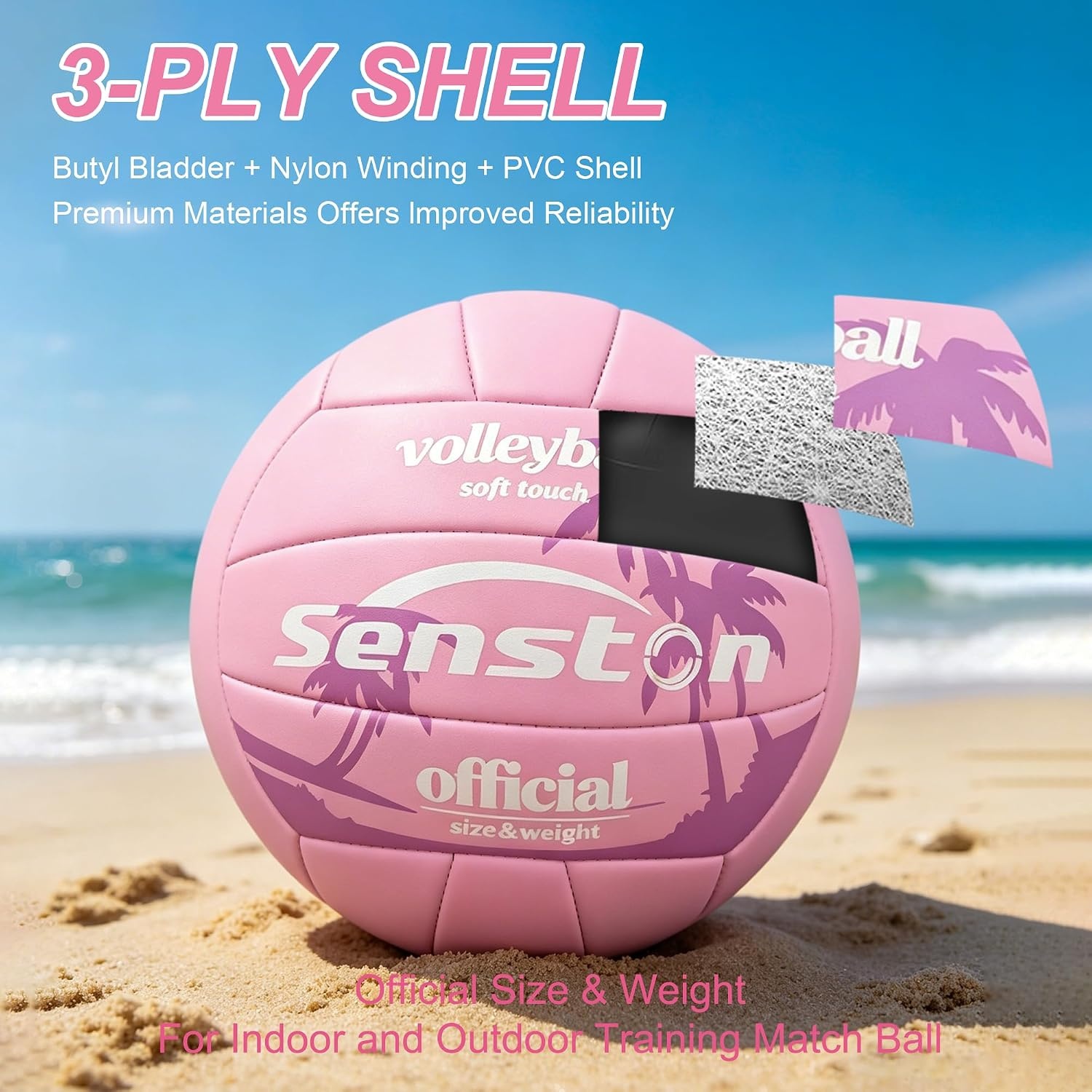 image:imageSenston Volleyball Official Size 5 Soft Waterproof for Indoor Outdoor Beach Hardwearing PVC Faderesistant Antideform Great Air Retention Low Maintenance Training EntertainmentPink Palm