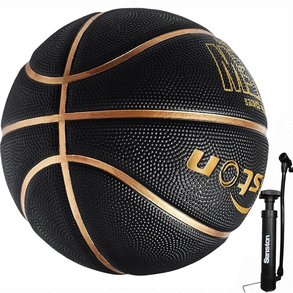 image:imageSenston 275295 Outdoor Basketball Excellent ElasticityGrip Rubber Basketballs with Pump Durable Size 57 Men BasketballBlackGold