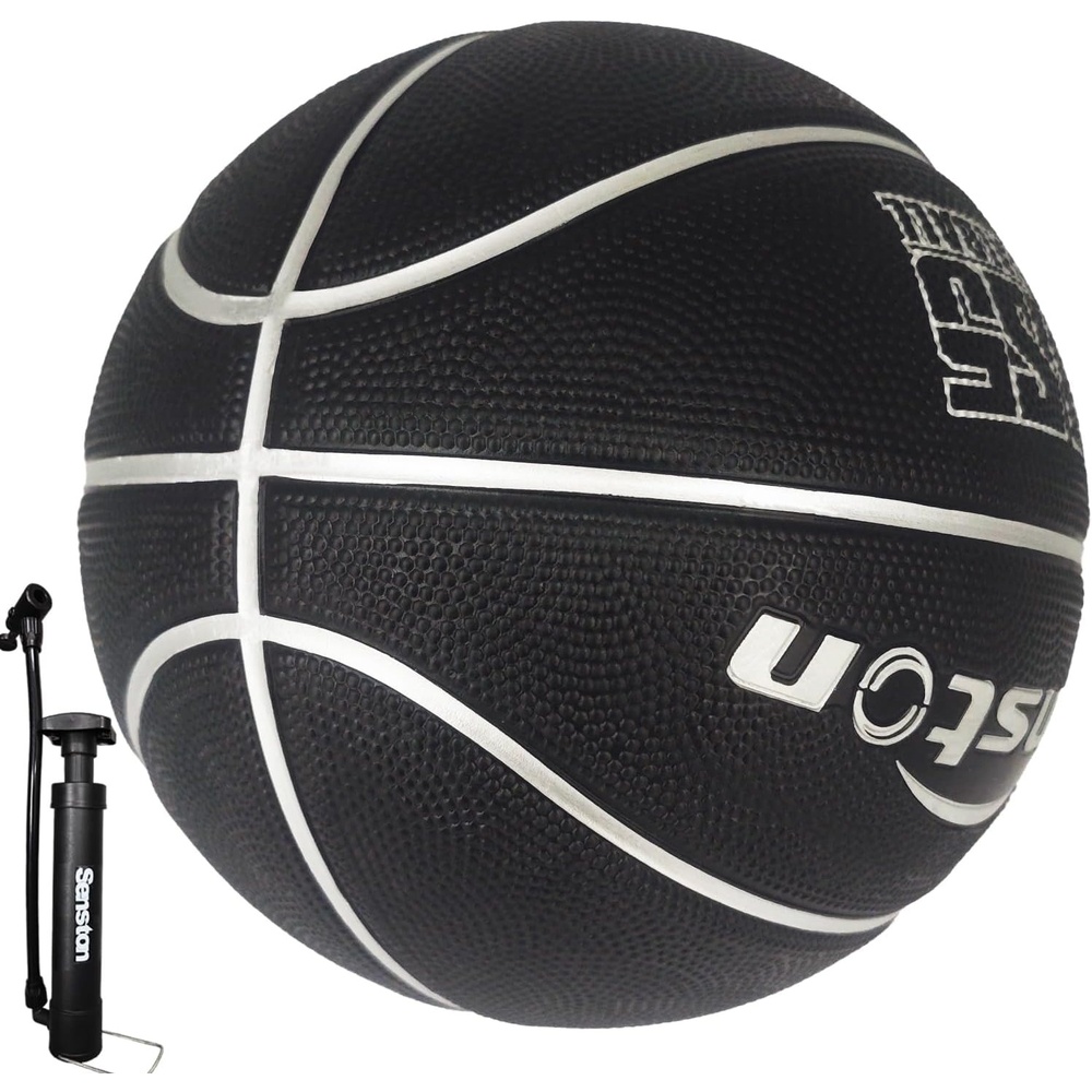 image:imageSenston 275295 Outdoor Basketball Excellent ElasticityGrip Rubber Basketballs with Pump Durable Size 57 Men BasketballBlackSilver