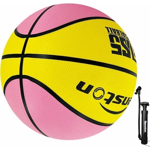 Senston 27.5”/29.5” Outdoor Basketball Excellent Elasticity/Grip Rubber Basketballs with Pump, Durable Size 5/7 Men Basketball(Pink/Yellow)