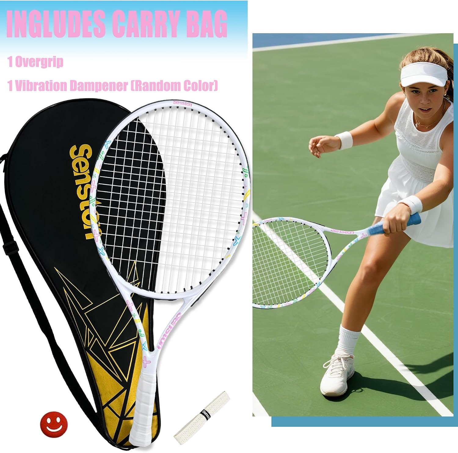 image:imageSenston 19 23 25 Kids Junior Tennis Racquet for Kids Children Boys Girls Tennis Rackets with Racket CoverWhite
