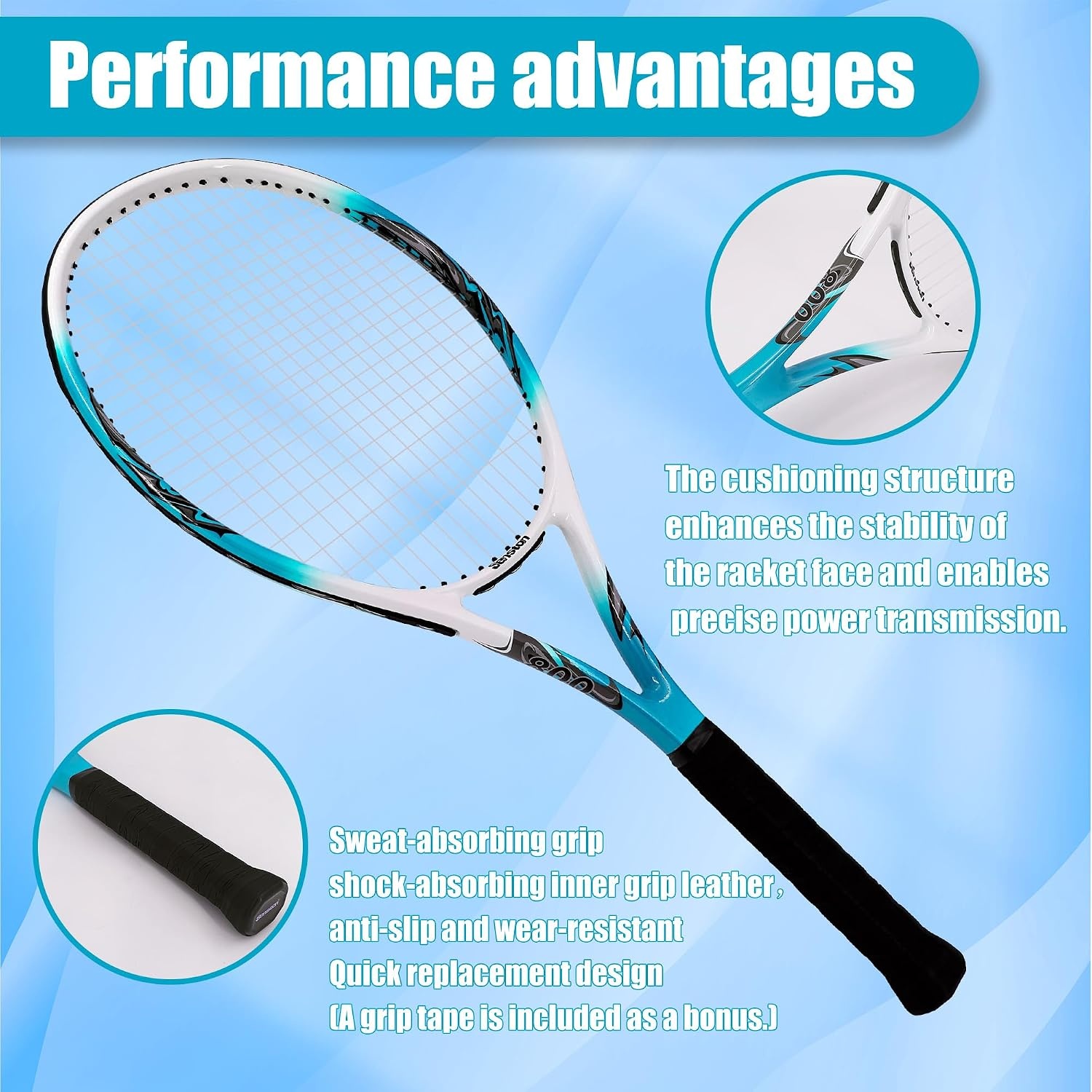 image:imageSenston 27 inch Tennis Racket for Adults 1 Pack Tennis Racket Set Tennis Overgrip Vibration Damperblue