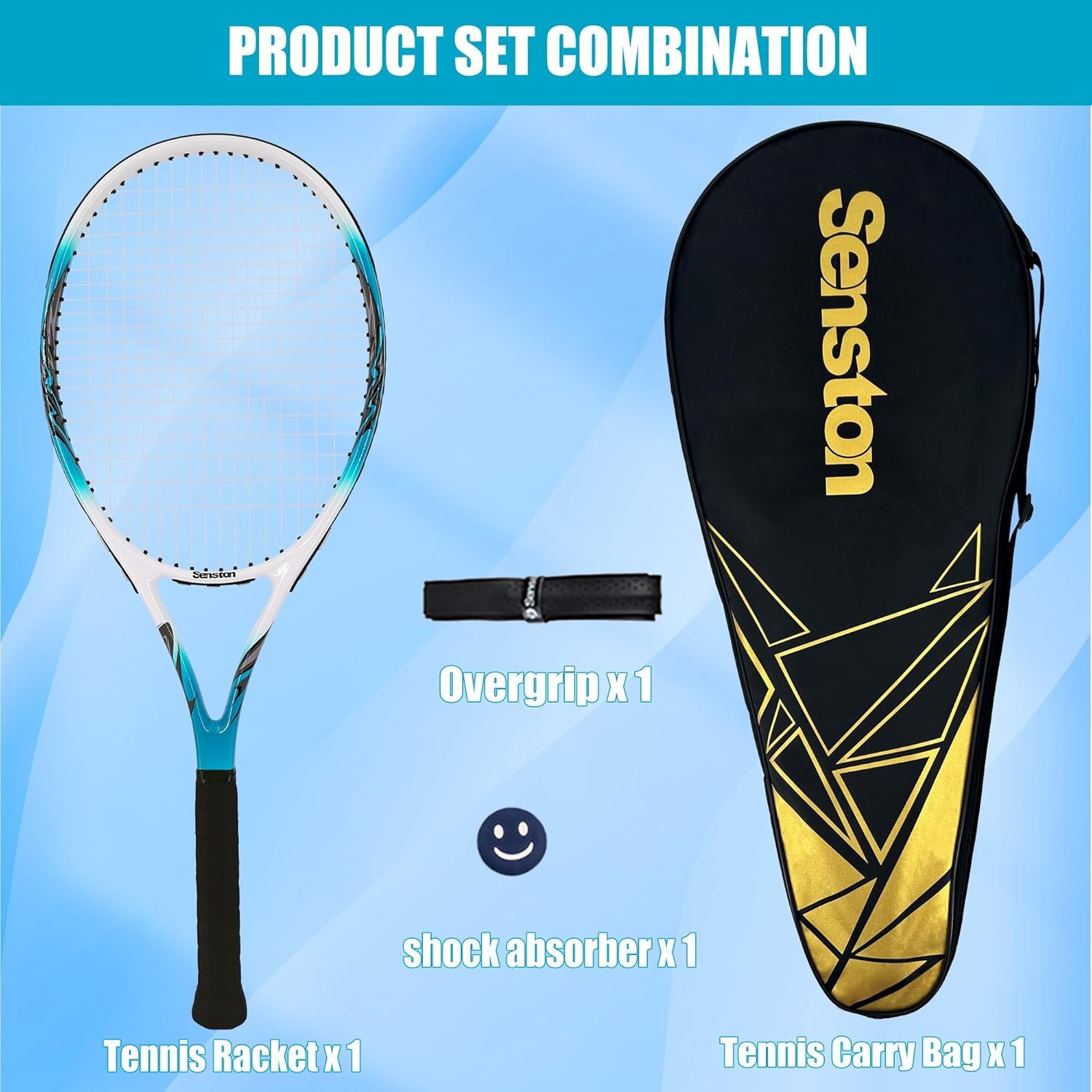 image:imageSenston 27 inch Tennis Racket for Adults 1 Pack Tennis Racket Set Tennis Overgrip Vibration Damperblue