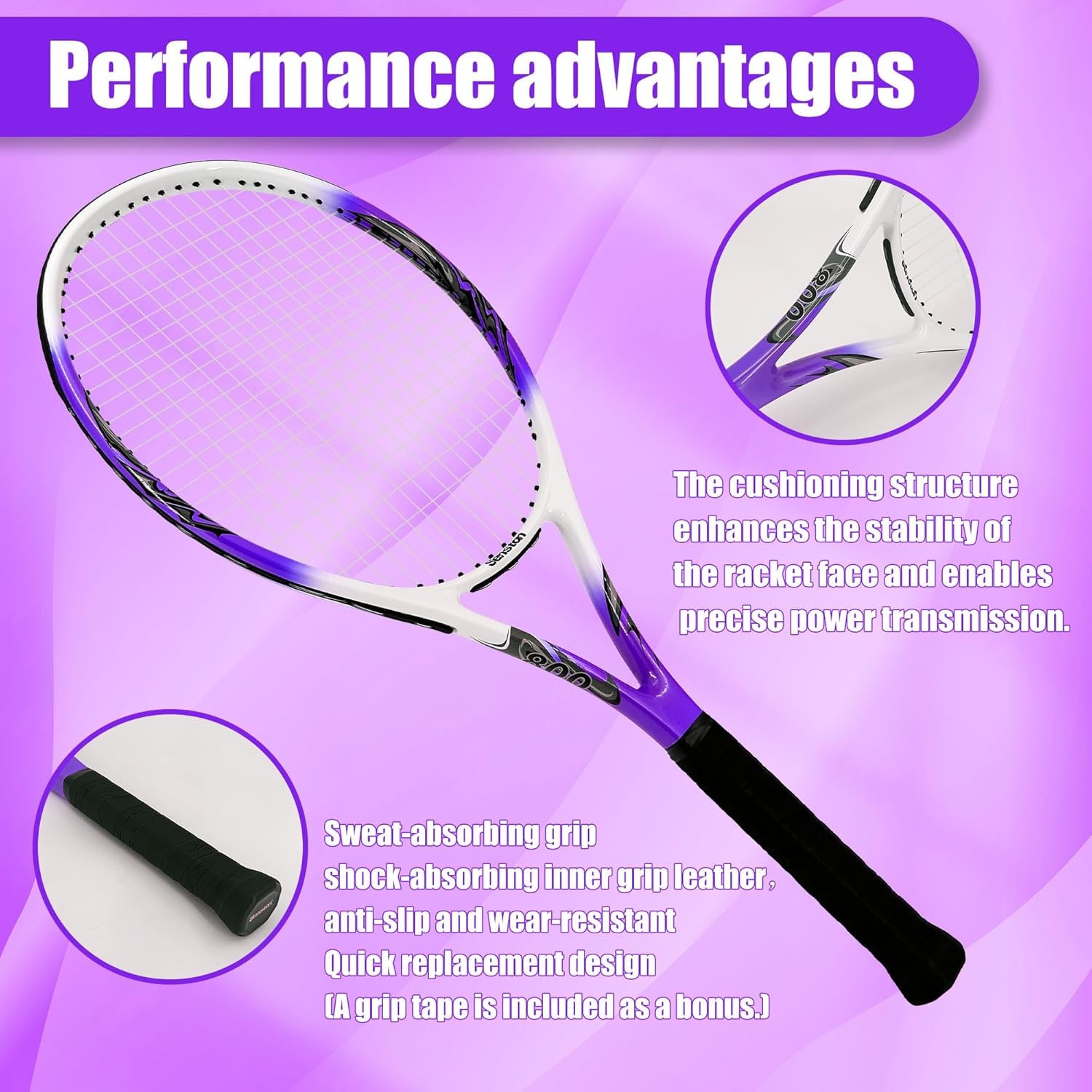 image:imageSenston 27 inch Tennis Racket for Adults 1 Pack Tennis Racket Set Tennis Overgrip Vibration Damperpurple