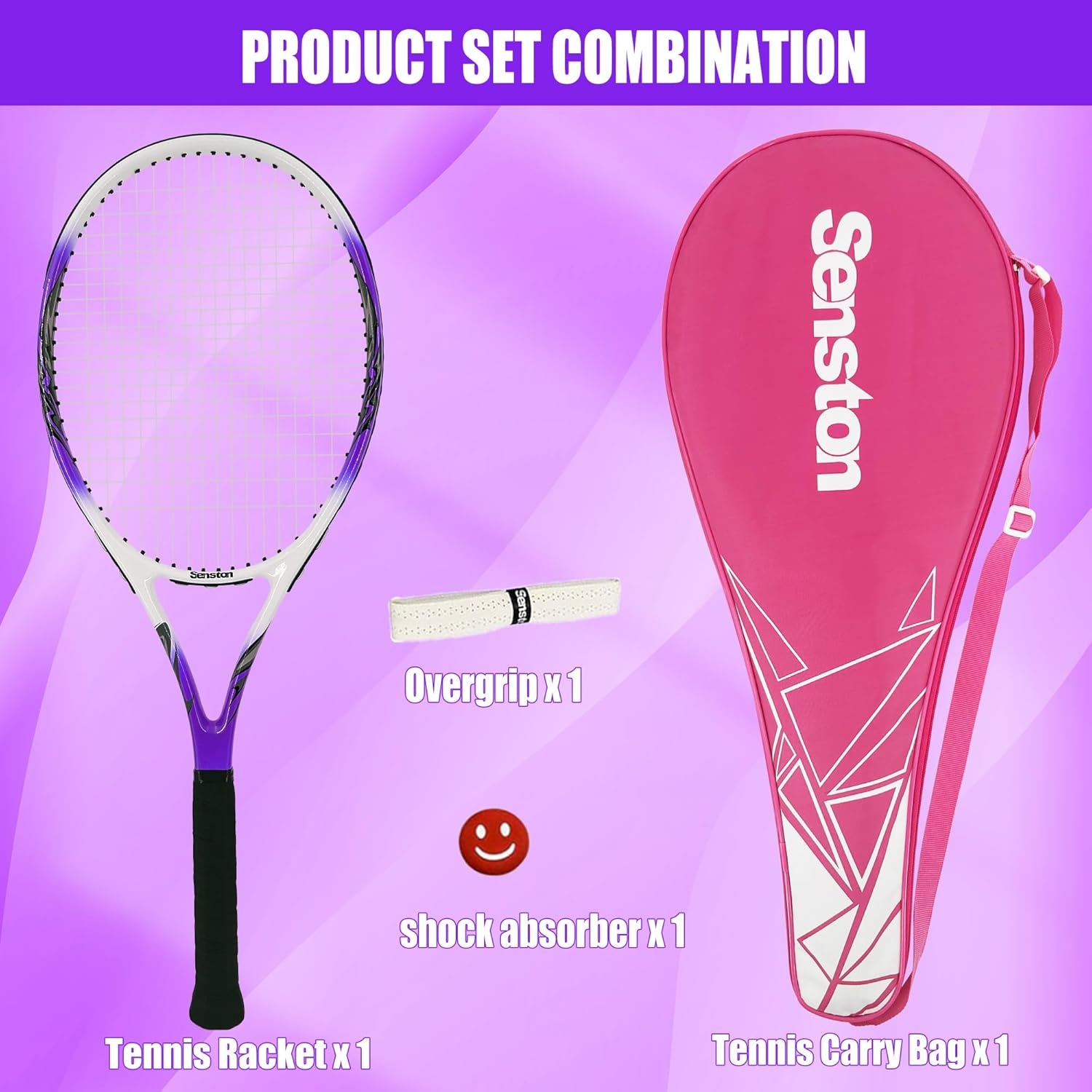 image:imageSenston 27 inch Tennis Racket for Adults 1 Pack Tennis Racket Set Tennis Overgrip Vibration Damperpurple
