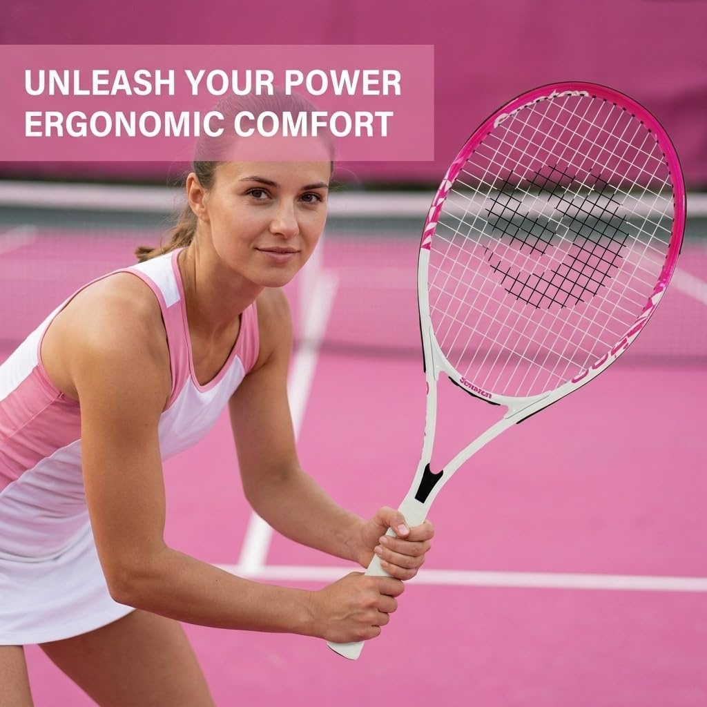 image:imageSenston 27 inch Tennis Racket for Adults 1 Pack Tennis Racket Set Tennis Overgrip Vibration Damperwhite pink