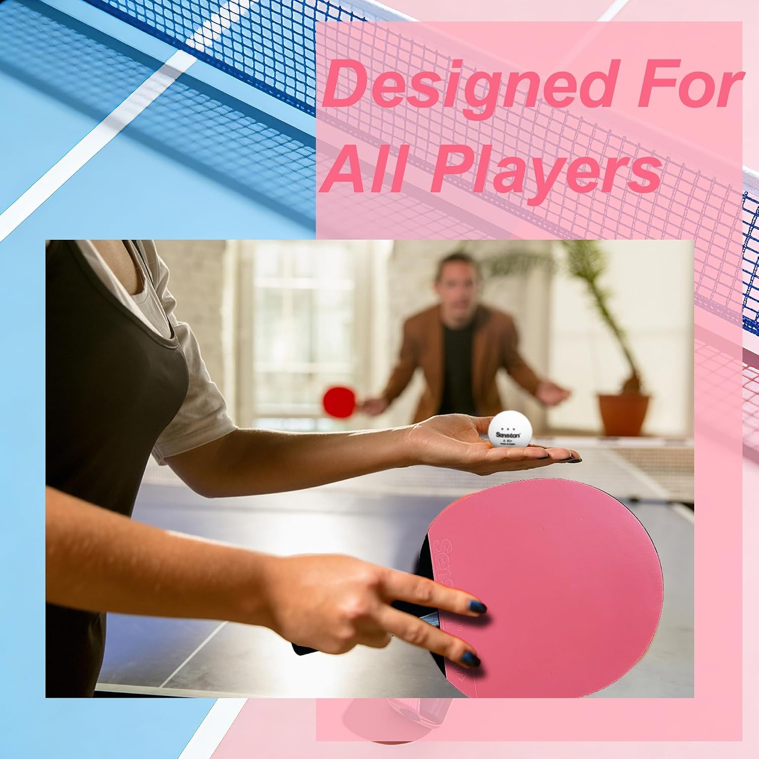 image:imageSenston 5Ply Ping Pong Paddles Set Premium Wood Table Tennis Set of 2 with 3 Balls amp Portable Carry Case HighControl 2mm Sponge amp Ergonomic NonSlip Grip for Beginners amp Family PlayPinkBlue