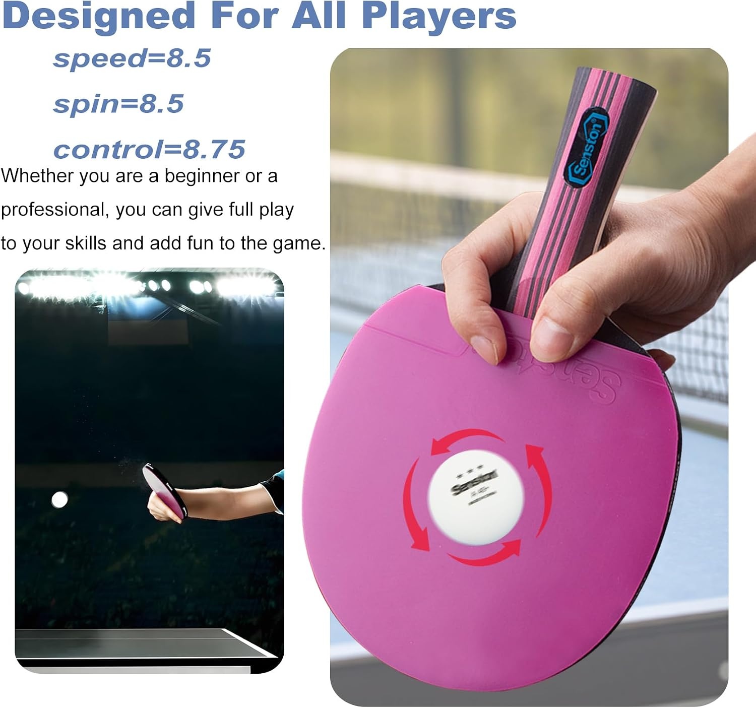 image:imageSenston 5Ply Ping Pong Paddles Set Premium Wood Table Tennis Set of 2 with 3 Balls amp Portable Carry Case HighControl 2mm Sponge amp Ergonomic NonSlip Grip for Beginners amp Family PlayPurple