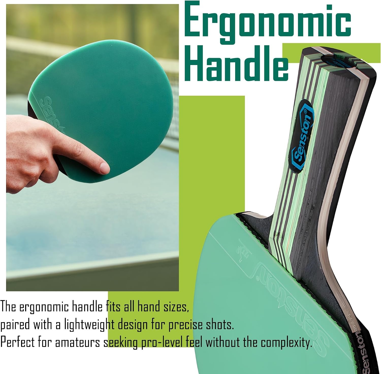 image:imageSenston 5Ply Ping Pong Paddles Set Premium Wood Table Tennis Set of 2 with 3 Balls amp Portable Carry Case HighControl 2mm Sponge amp Ergonomic NonSlip Grip for Beginners amp Family PlayGreen
