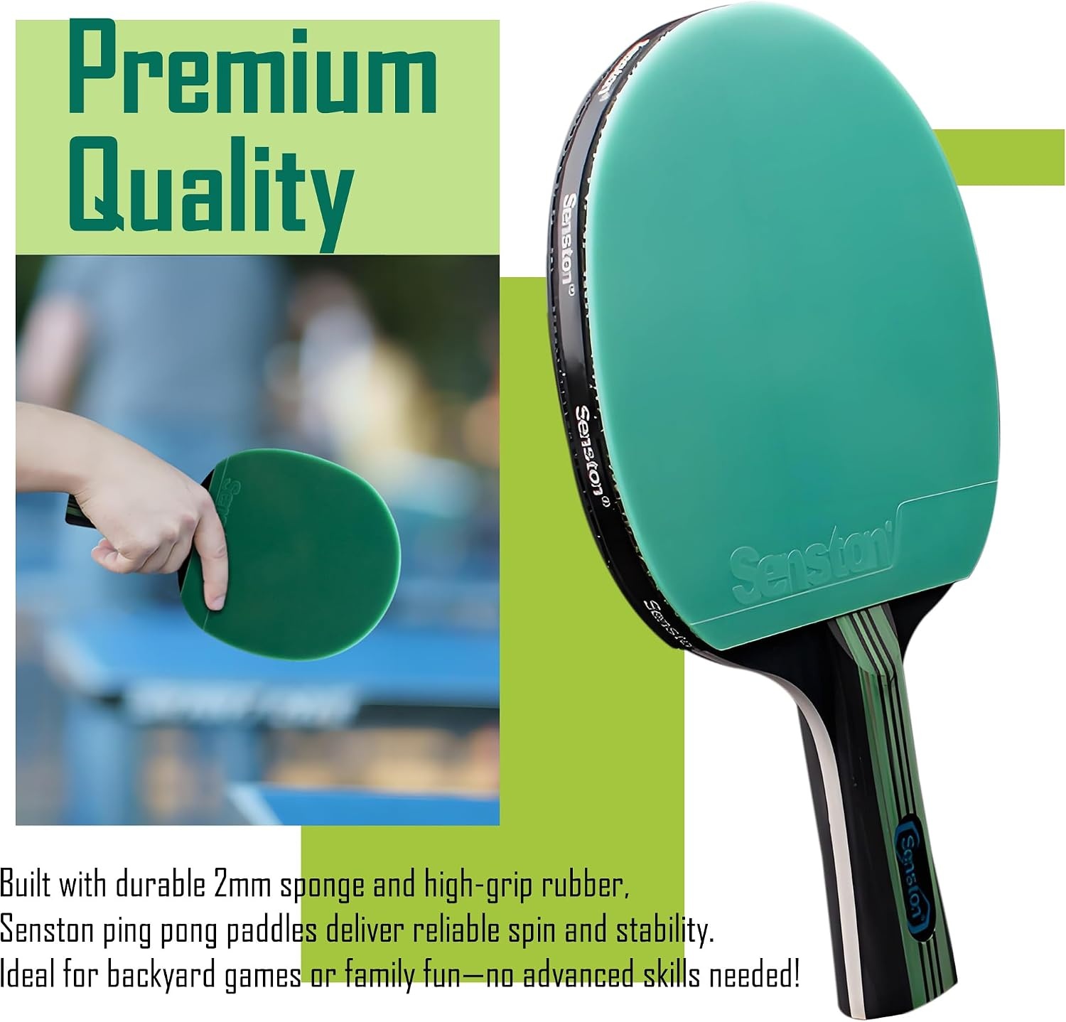 image:imageSenston 5Ply Ping Pong Paddles Set Premium Wood Table Tennis Set of 2 with 3 Balls amp Portable Carry Case HighControl 2mm Sponge amp Ergonomic NonSlip Grip for Beginners amp Family PlayGreen