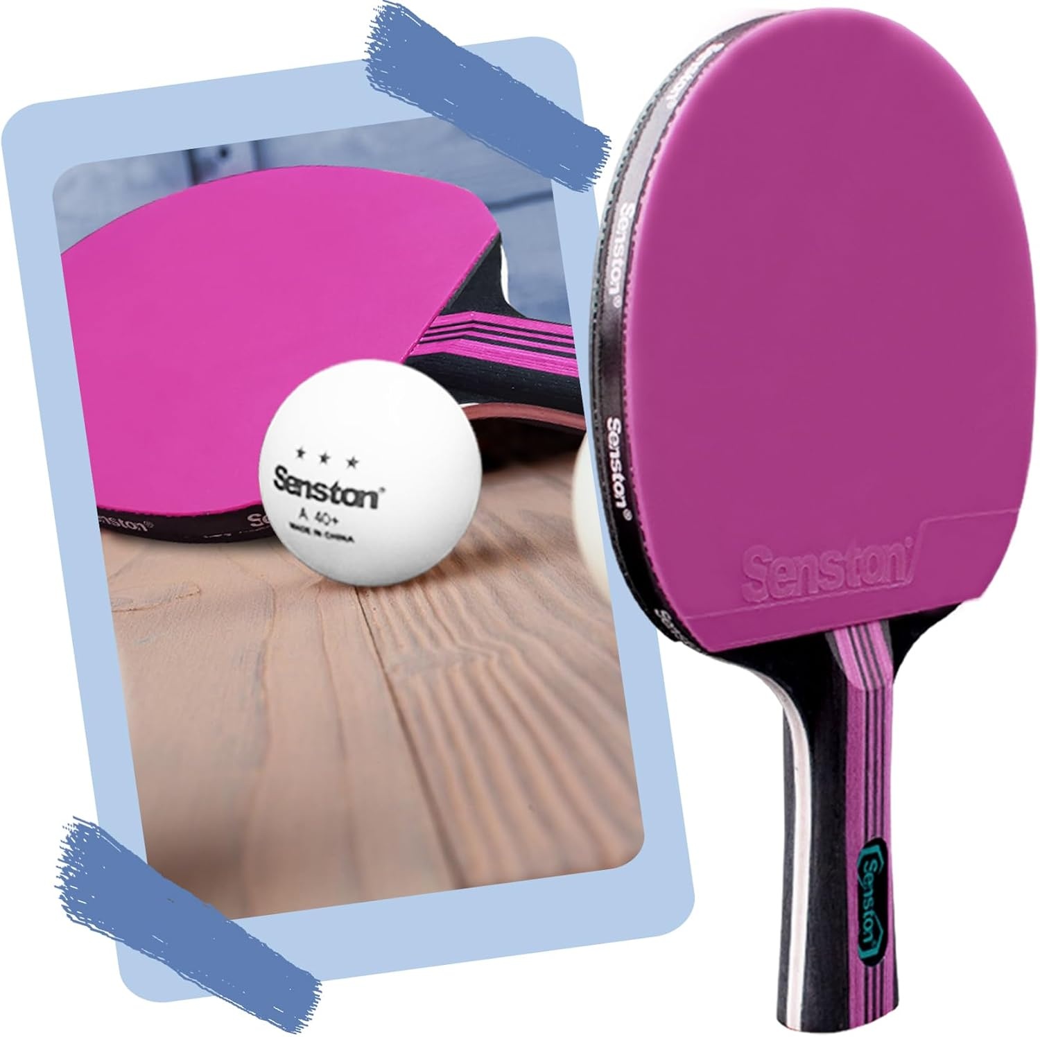 image:imageSenston 5Ply Ping Pong Paddles Set Premium Wood Table Tennis Set of 2 with 3 Balls amp Portable Carry Case HighControl 2mm Sponge amp Ergonomic NonSlip Grip for Beginners amp Family PlayPurple