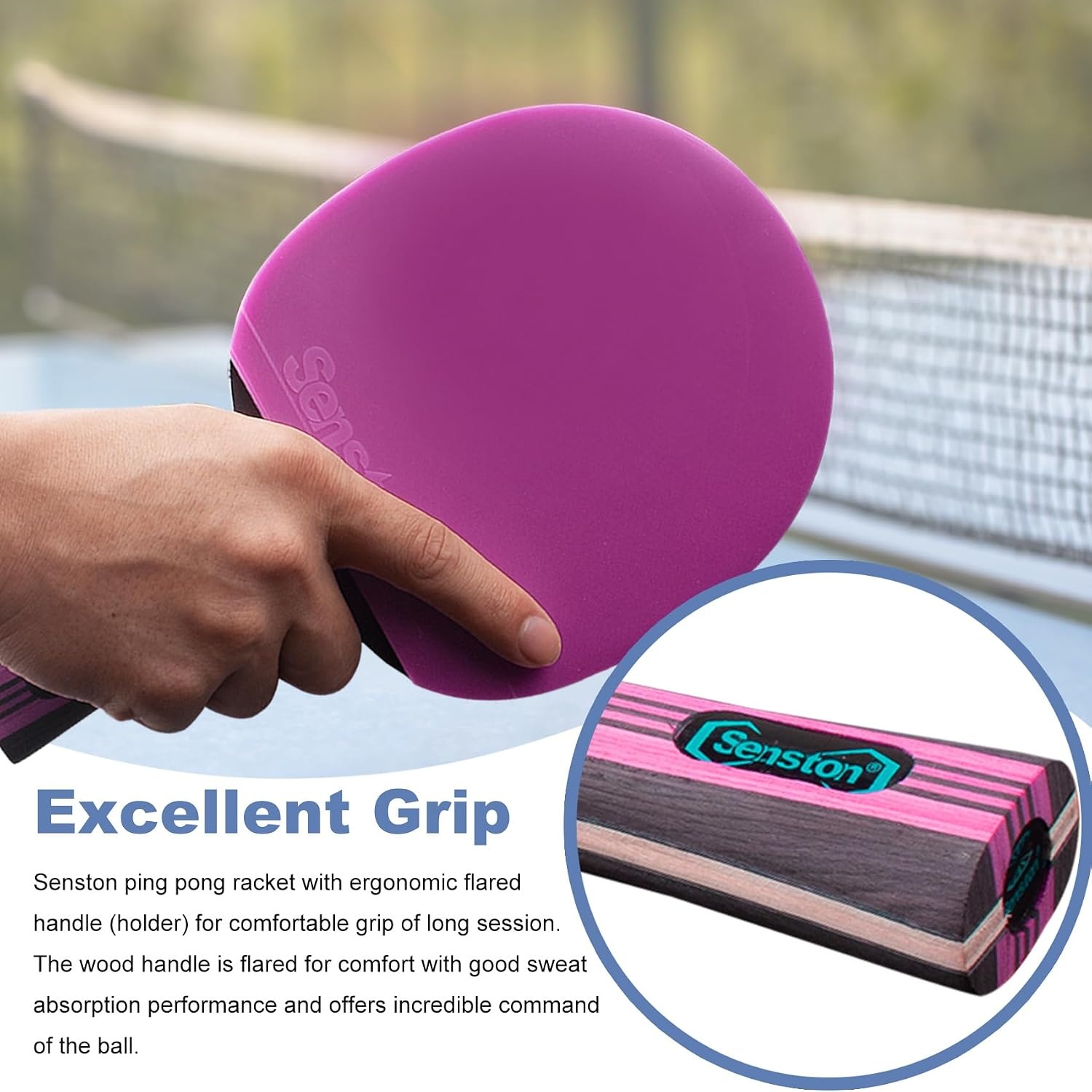image:imageSenston 5Ply Ping Pong Paddles Set Premium Wood Table Tennis Set of 2 with 3 Balls amp Portable Carry Case HighControl 2mm Sponge amp Ergonomic NonSlip Grip for Beginners amp Family PlayPurple