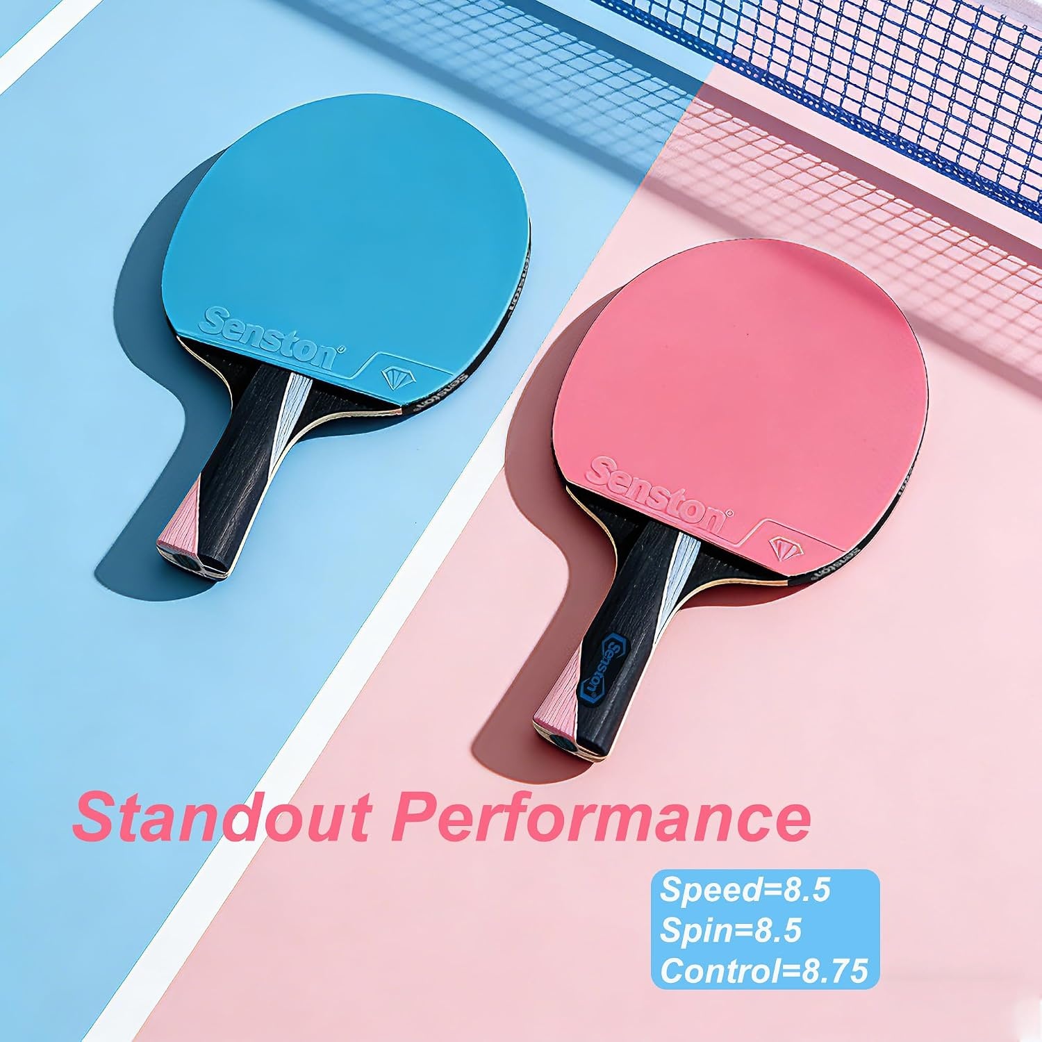 image:imageSenston 5Ply Ping Pong Paddles Set Premium Wood Table Tennis Set of 2 with 3 Balls amp Portable Carry Case HighControl 2mm Sponge amp Ergonomic NonSlip Grip for Beginners amp Family PlayPinkBlue