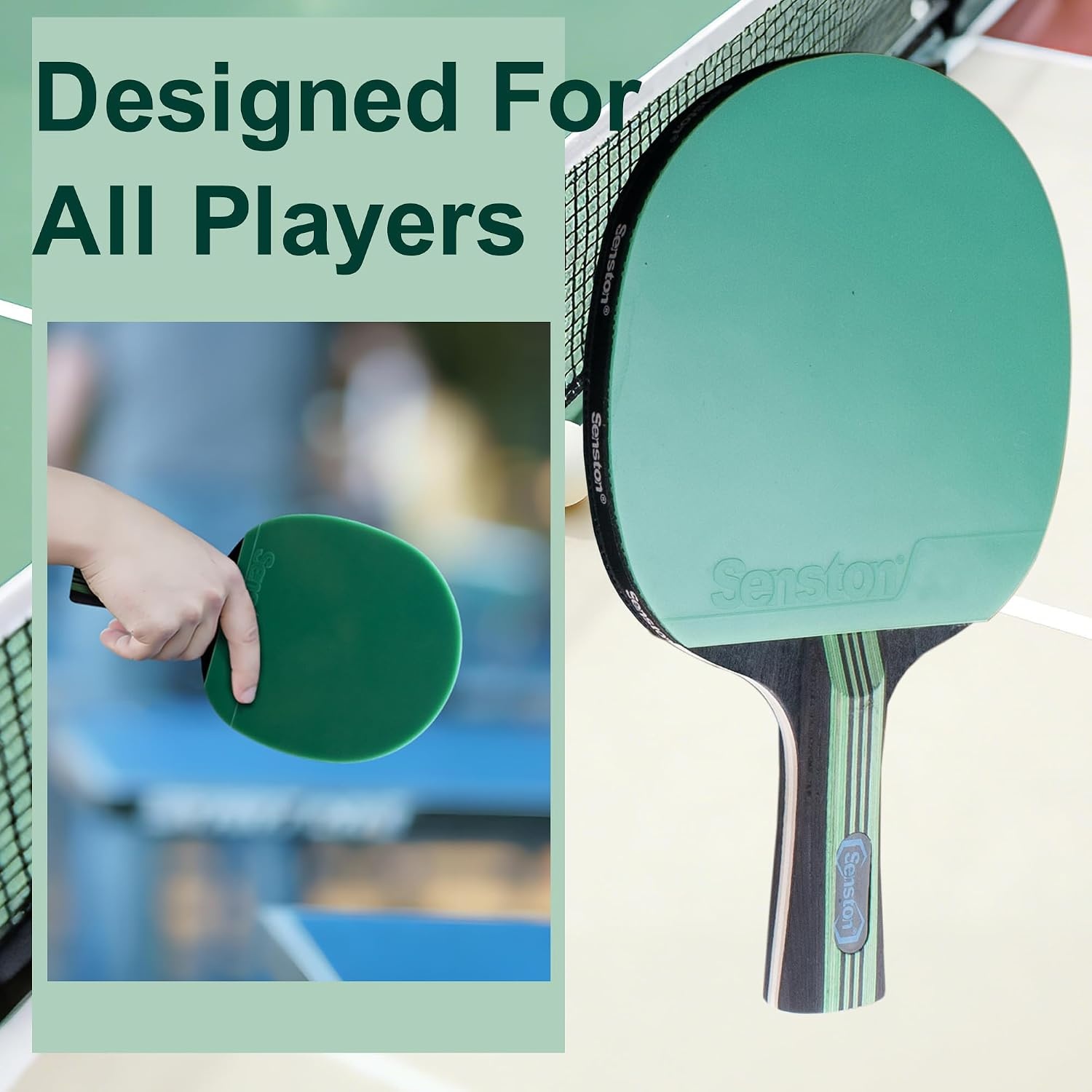 image:imageSenston 5Ply Ping Pong Paddles Set Premium Wood Table Tennis Set of 2 with 3 Balls amp Portable Carry Case HighControl 2mm Sponge amp Ergonomic NonSlip Grip for Beginners amp Family PlayGreen
