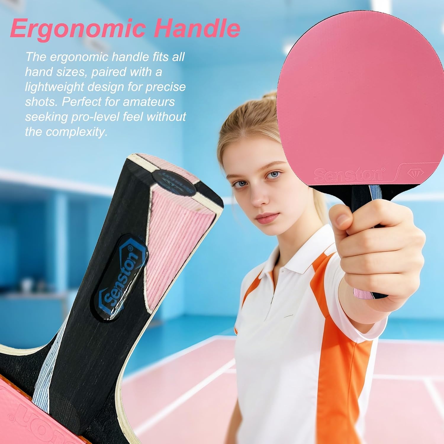 image:imageSenston 5Ply Ping Pong Paddles Set Premium Wood Table Tennis Set of 2 with 3 Balls amp Portable Carry Case HighControl 2mm Sponge amp Ergonomic NonSlip Grip for Beginners amp Family PlayPinkBlue