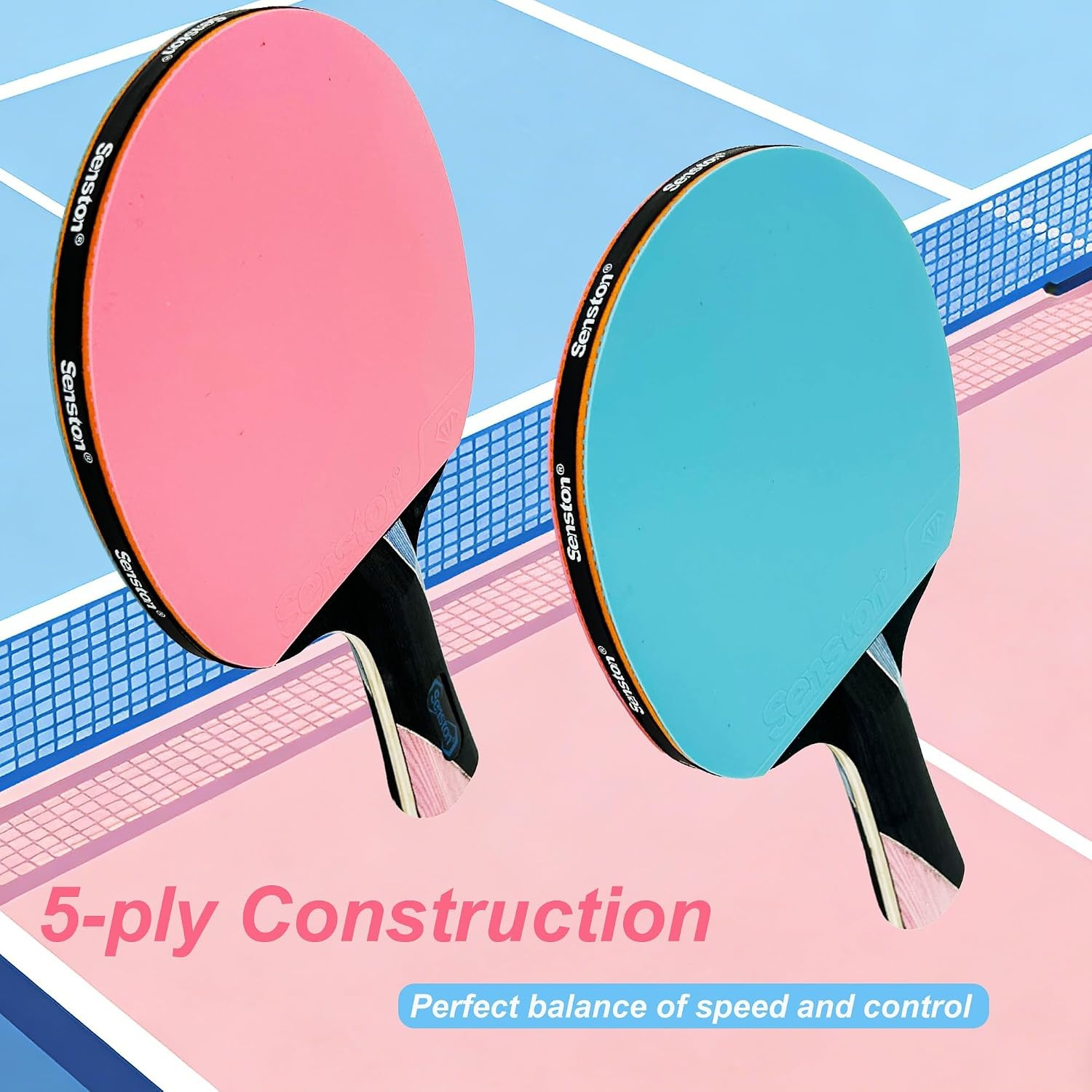 image:imageSenston 5Ply Ping Pong Paddles Set Premium Wood Table Tennis Set of 2 with 3 Balls amp Portable Carry Case HighControl 2mm Sponge amp Ergonomic NonSlip Grip for Beginners amp Family PlayPinkBlue